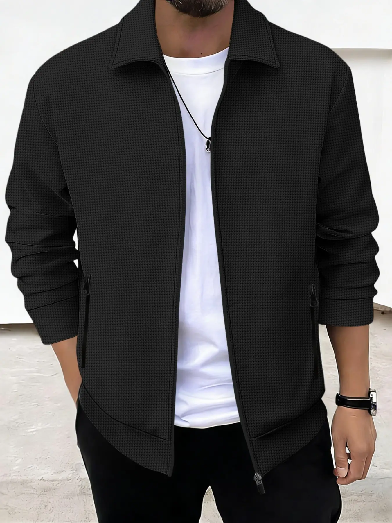 Men's Multicolor Waffle Chelsea Collar Jacket, Casual Long Sleeve Blouse, Lightweight Plain Design, Spring & Fall Fashion Outerwear