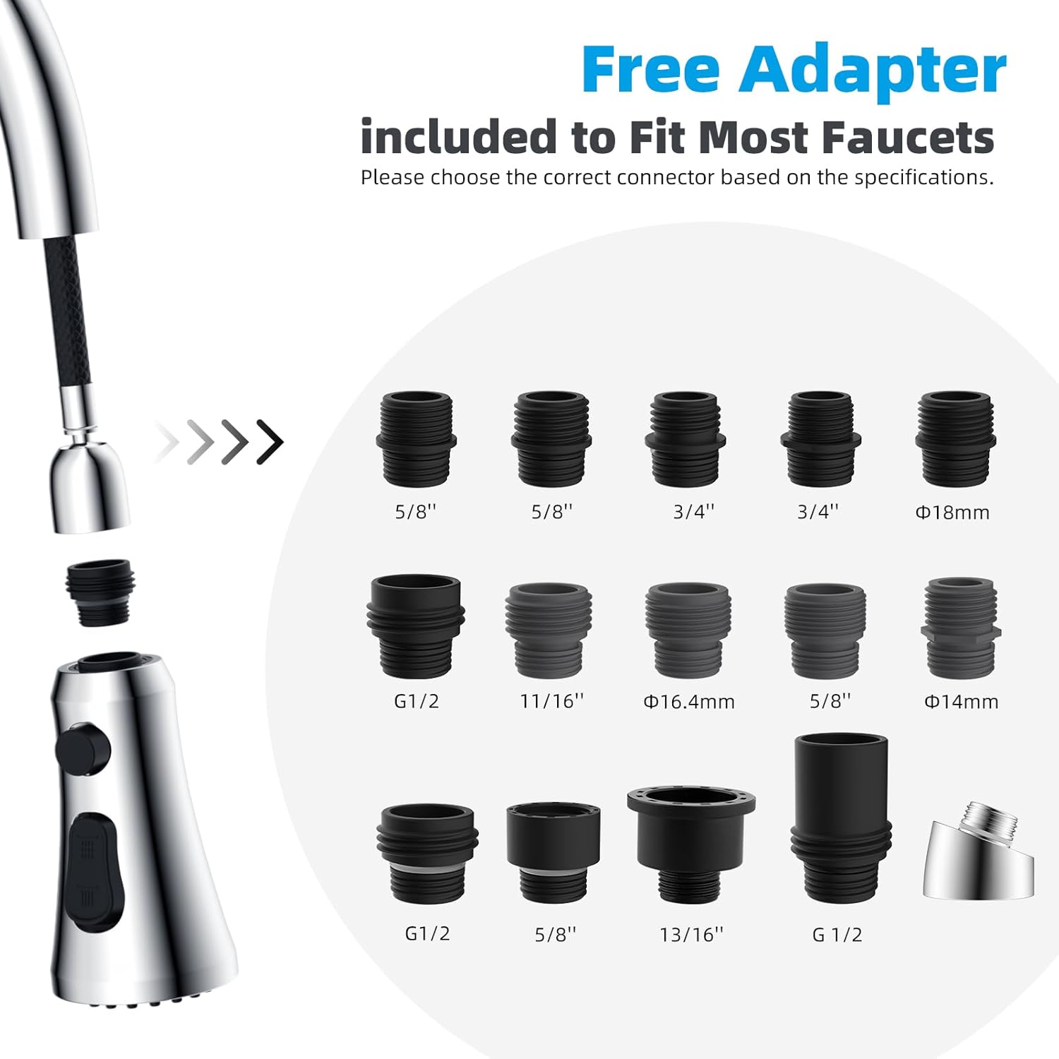 Pull Down Kitchen Faucet  Replacement, 3-Function Kitchen Sink Spray Nozzle with 15 Adapters, Compatible with Moen,  Standard, Delta, Kohler Faucets, Chrome (Shiny )