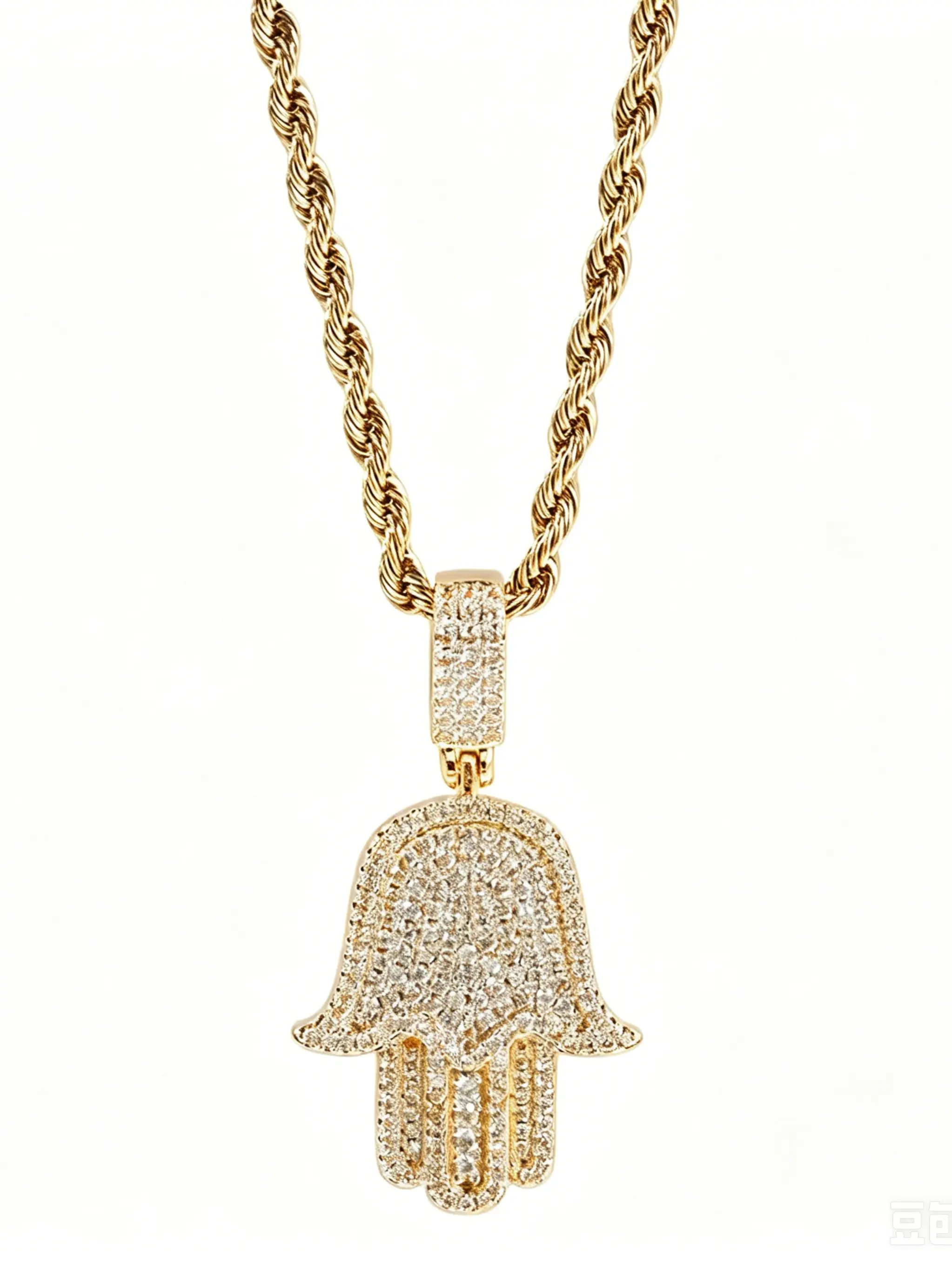 Creative Zircon Embedded Fatima Hand Pendant Necklace, 24-Inch Braided Chain, Hip Hop Style, Luxurious and Versatile, All Seasons Wear, Jewelry Necklace