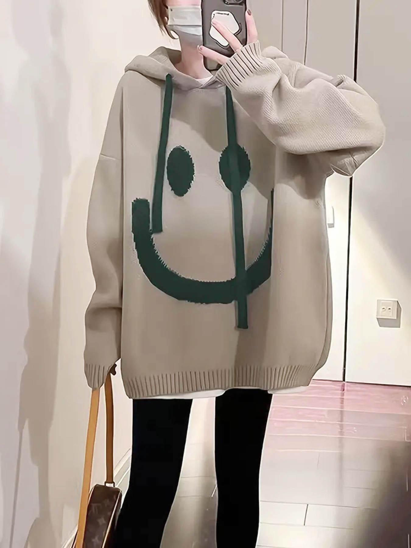 Women's Cartoon Face Print Drop Shoulder Hooded Knitted Sweater, Fashion Casual Long Sleeve Drawstring Hooded Sweater for Daily Holiday Outdoor Wear, Women Knitwear for Fall & Winter, Sweaters for Women