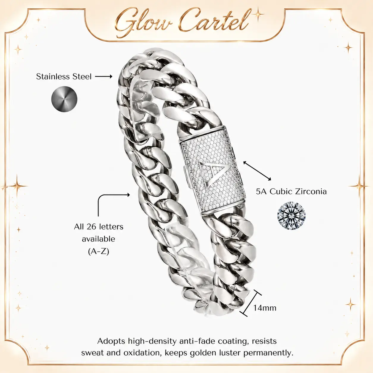 Personalized Silver Cuban Link Bracelet, 14MM Heavy Cuban Chain Bracelet with A-Z Initial Lock with Zircon  Men's Accessories, Beach Essentials, Chains for Men, Stainless Steel Hip HopFashion, Waterproof Anti Tarnish    Adjustable Heart Rate Couples Set