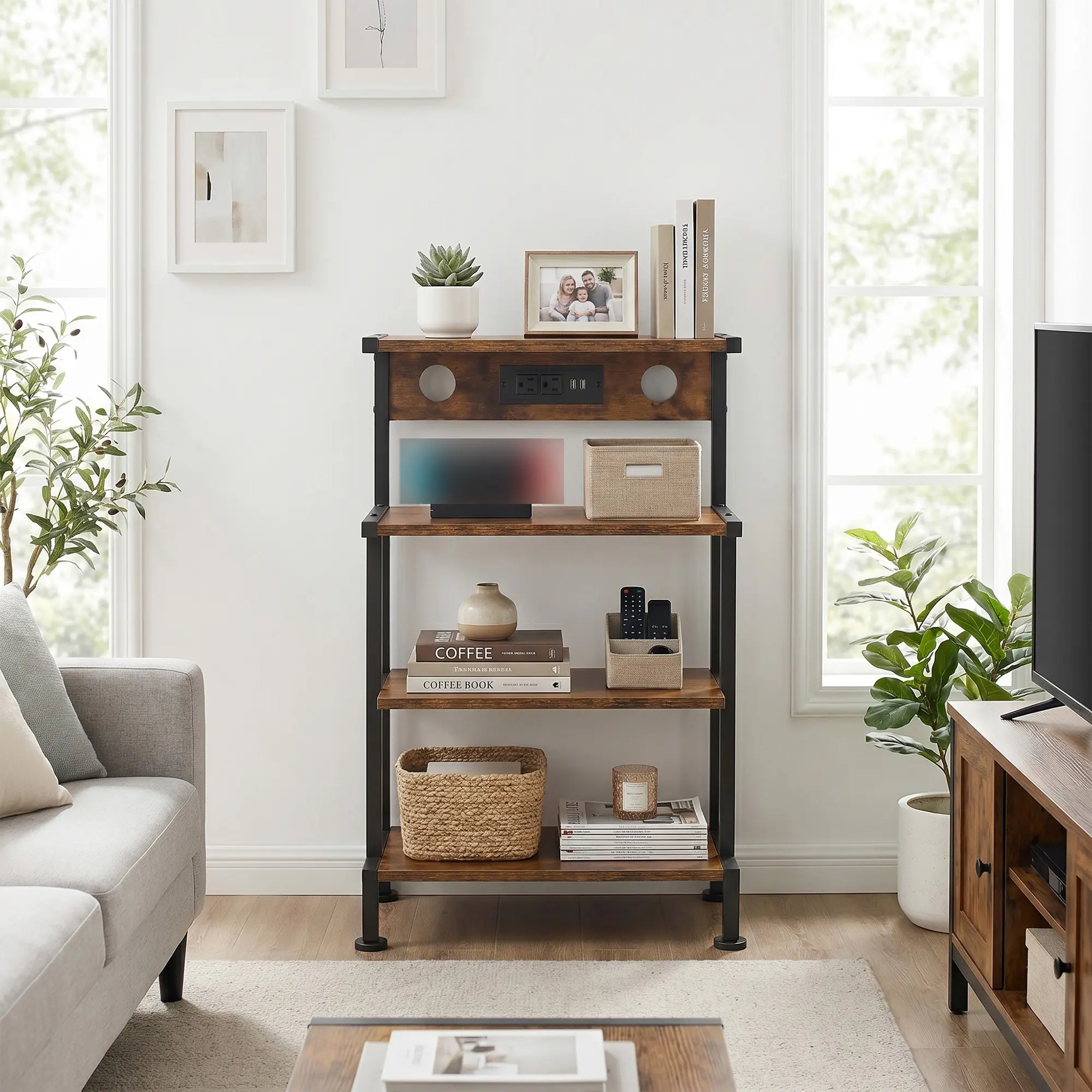4 Tier Wooden Media Stand with Power Outlet, Video Game Organizer Shelf with Metal Frame, Small Media Entertainment Center for Living Room Bedroom Game Room
