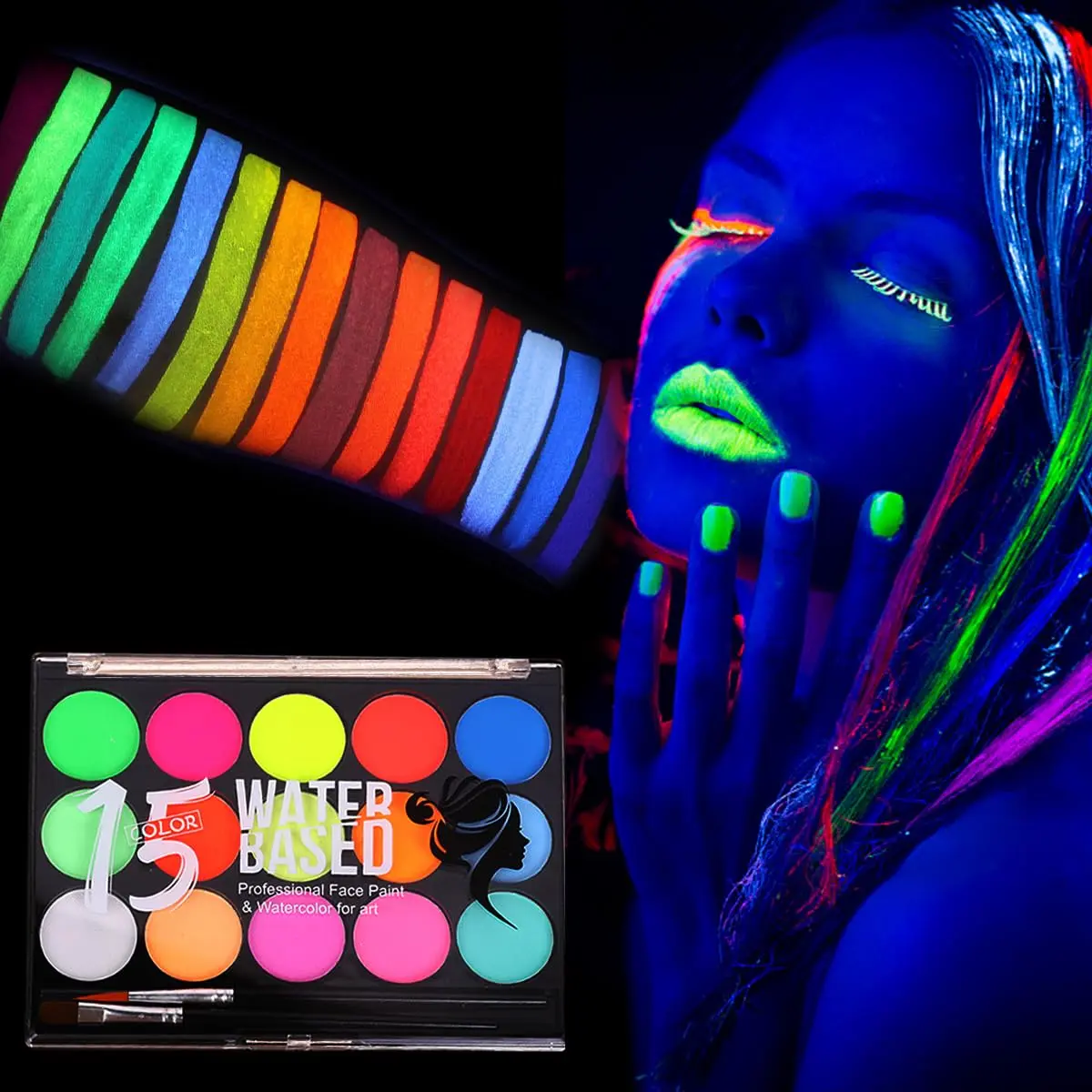 15-color fluorescent neon face and body paint palette with 2 brushes, perfect for festival makeup