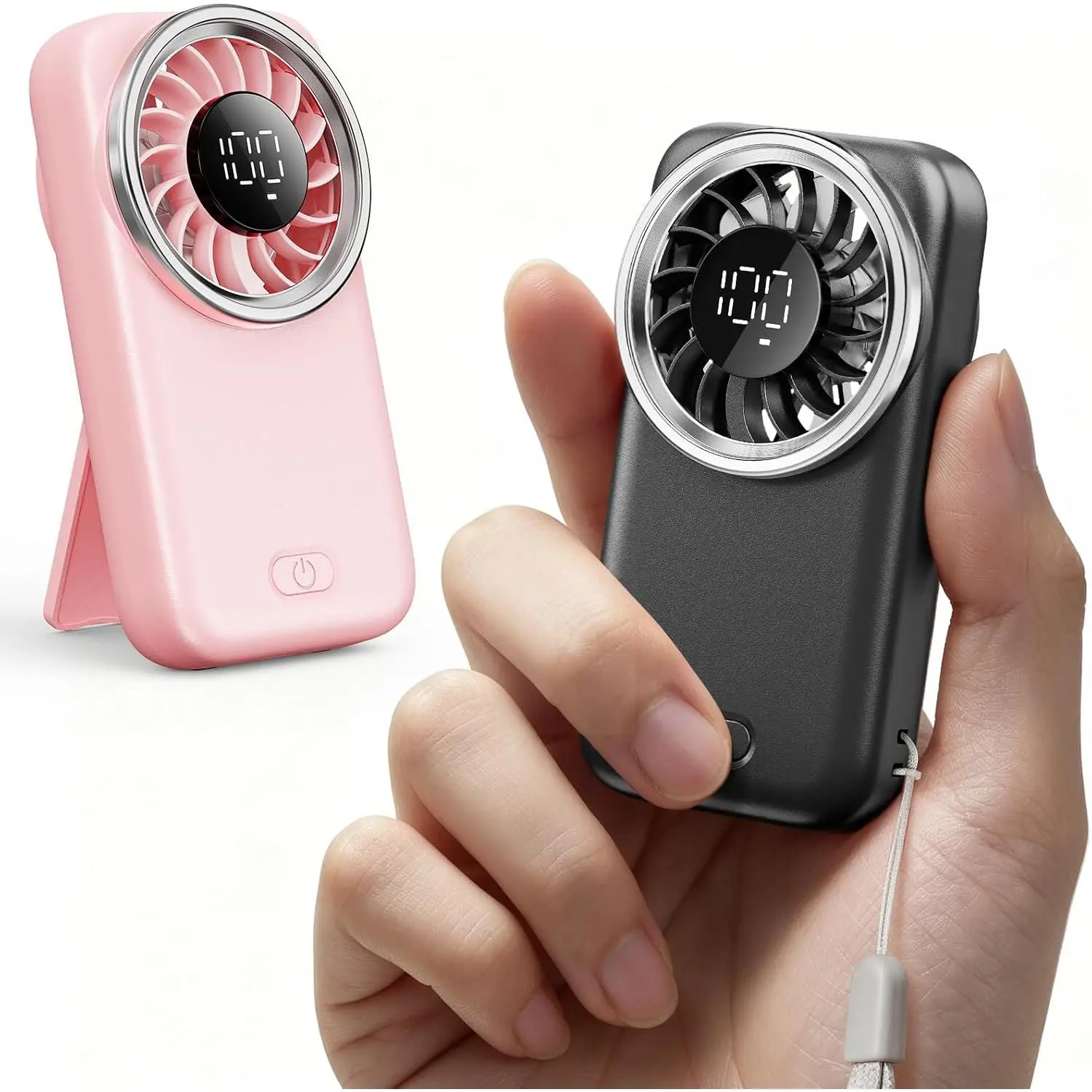 Handheld Mini Fan, 2 Pack Portable Rechargeable  Pocket Fan | 3 Speeds, LED Display, Ultra-Thin Foldable Small Personal Fan for Women  Travel Makeup Lash Hand Held & Desk (Black/)