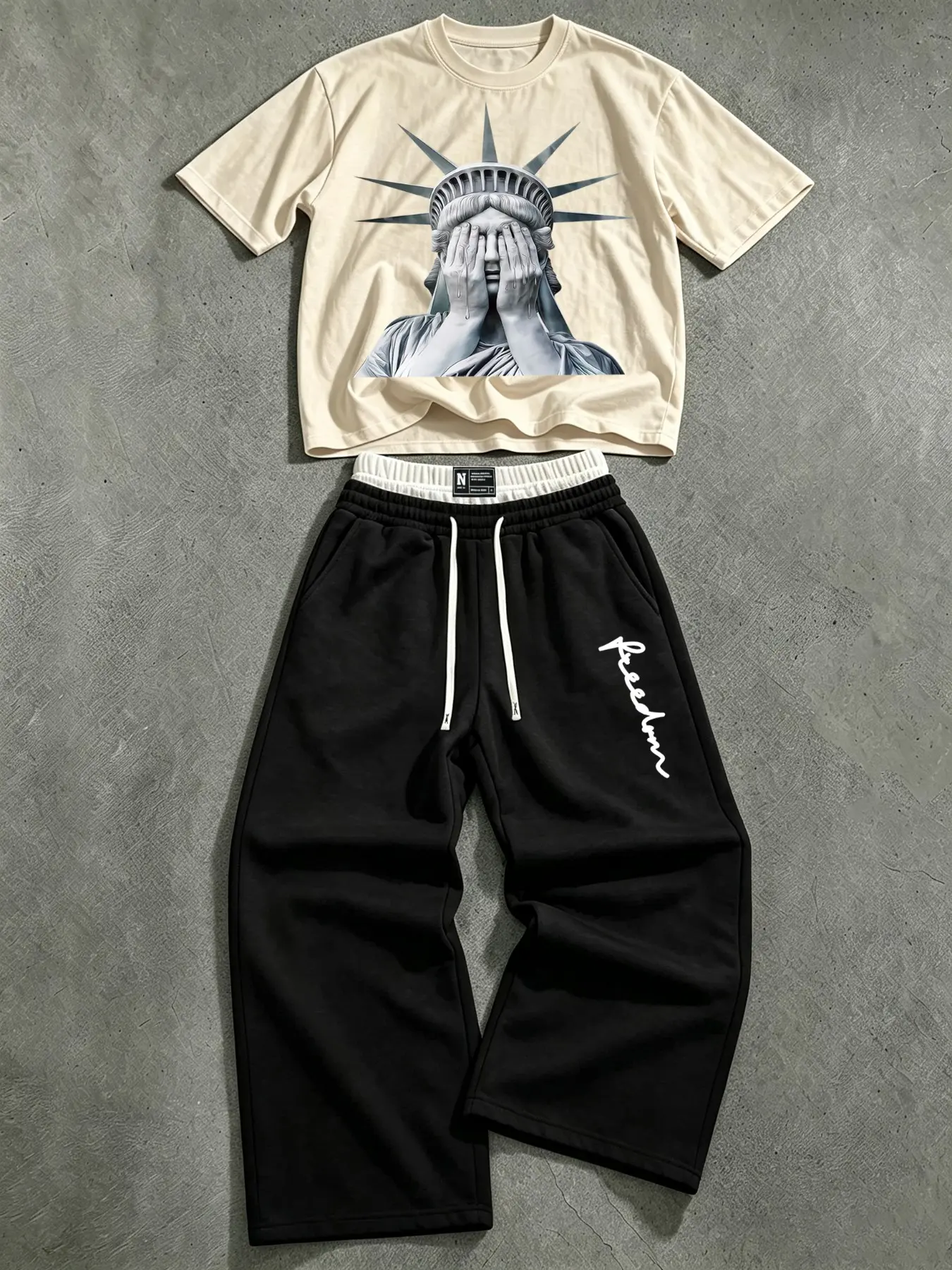 American-style Statue of Liberty print short-sleeved set for men and women, double drawstring waistband, wide-leg sweatpants, casual two-piece set.