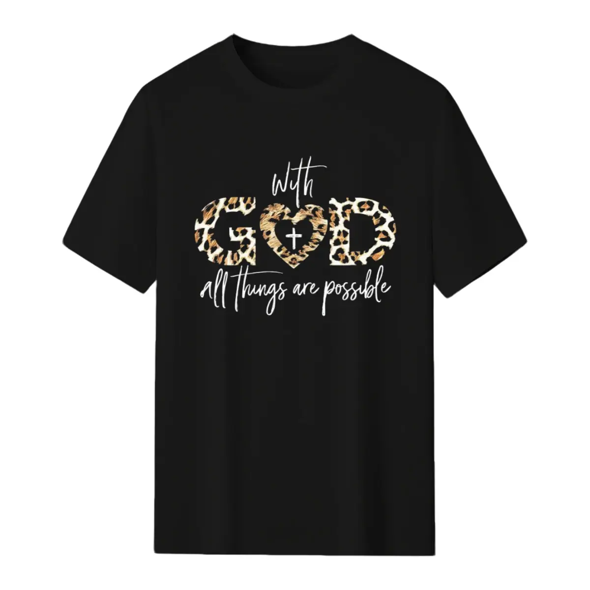 Leopard Print God Heart Cross With God All Things Are Possible Faith Quote Graphic T-Shirt, Crew Neck Short Sleeve Religious Christian Casual Tee Top
