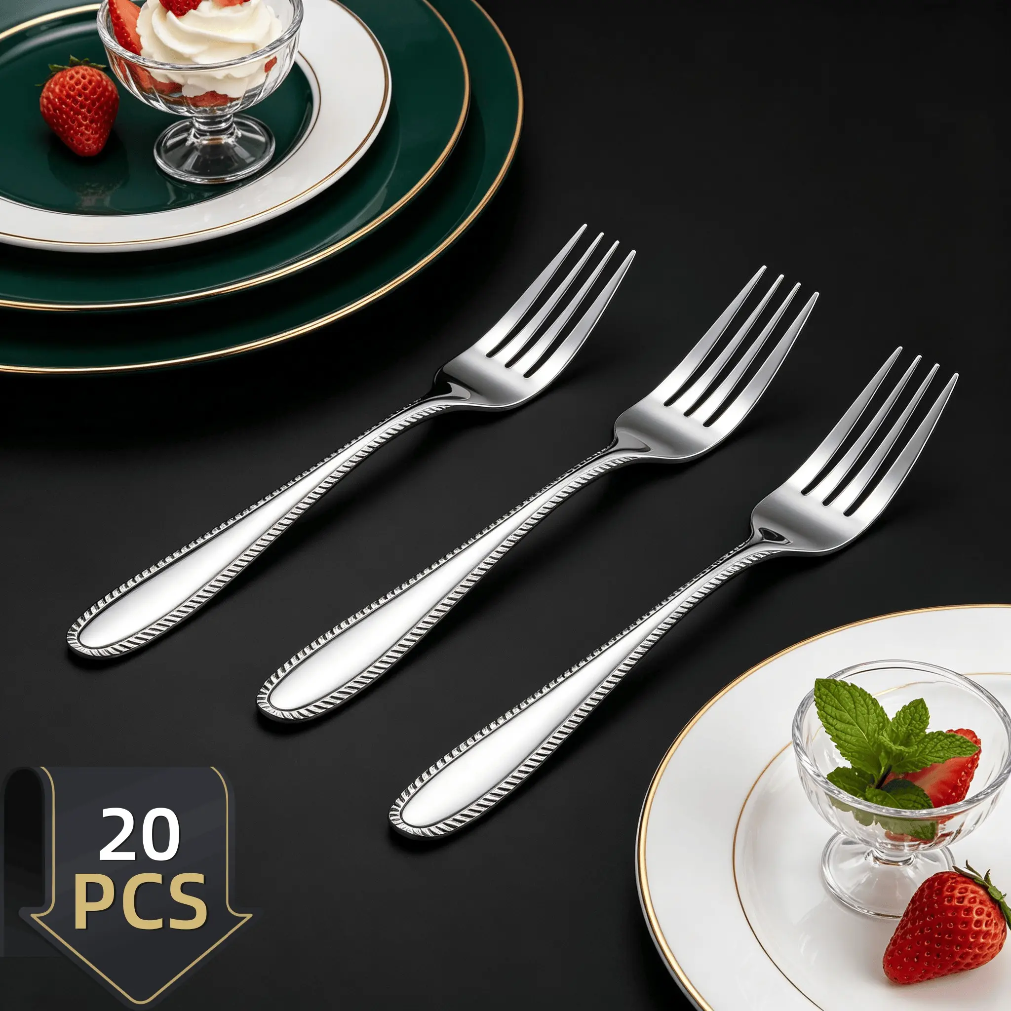 20Pcs Classic Embossed Pattern Stainless Steel Dinner Forks, Mirror Polished Rustproof Non-slip Handle, Food Grade Dishwasher Safe, Ideal for Home Kitchen, Restaurant & Catering Use