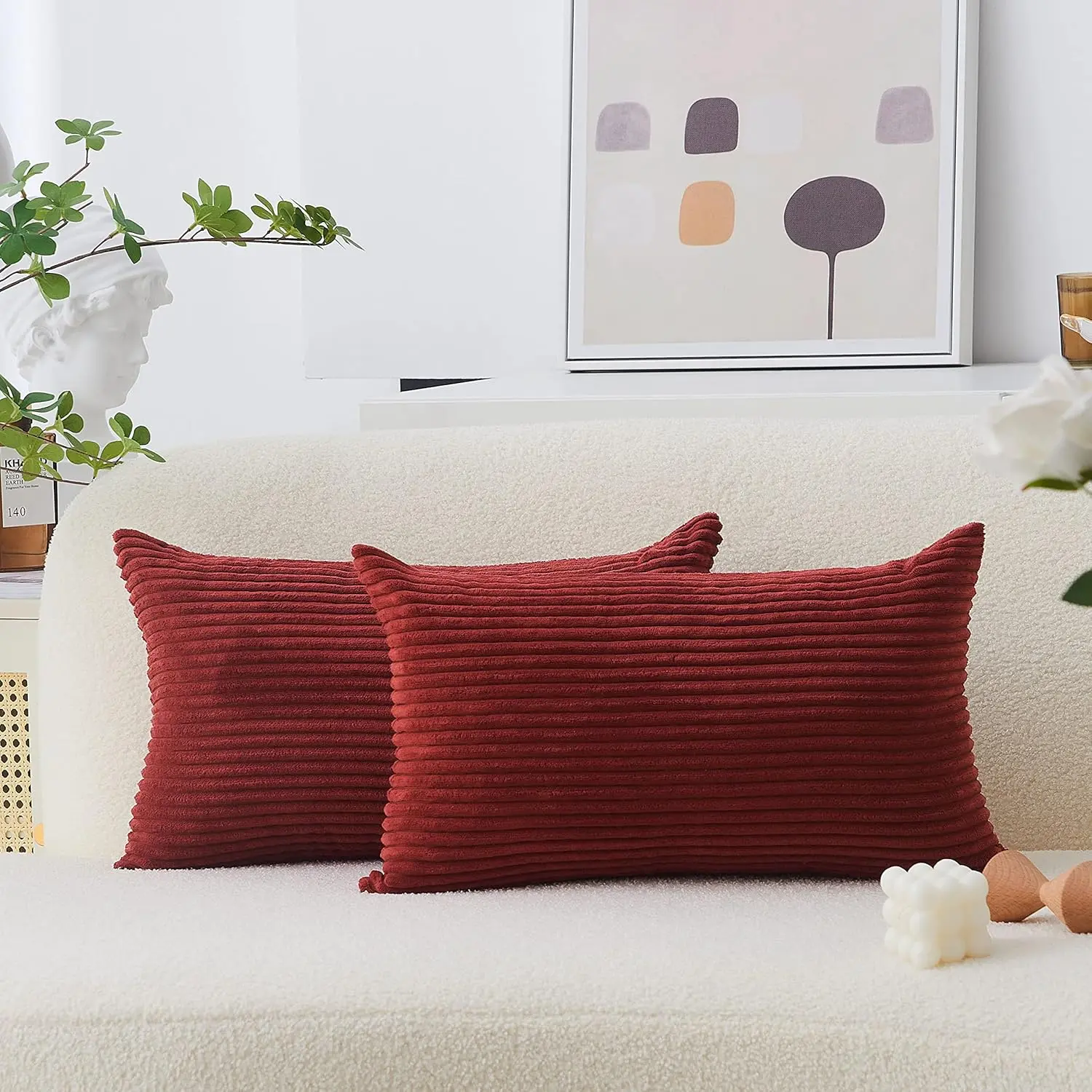 Burgundy Flocking Striped Corduroy Cloth Cushion Covers (12x20 in, 2 Pack) - Easy Insertion Lumbar Rectangle Pillow Covers for Sofa, Couch Decor, Stripes