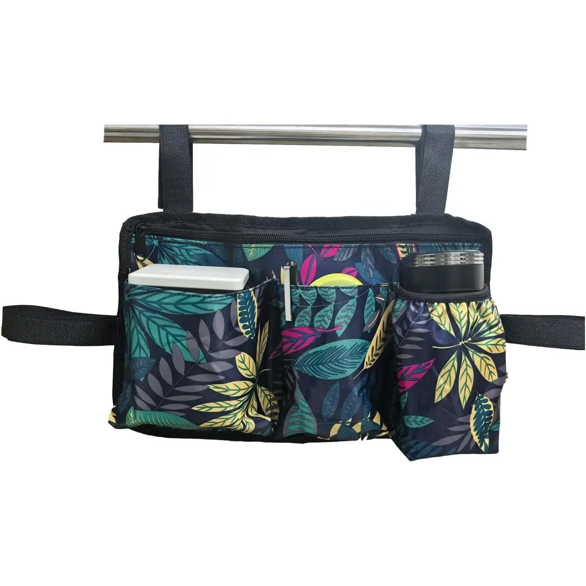Side Bag with Cup Holder,  Armrest Pouch Accessories for Walker, Rollator, Electric Scooter Wheelchairs (Maple Leaves, 13.8X8 Inch)
