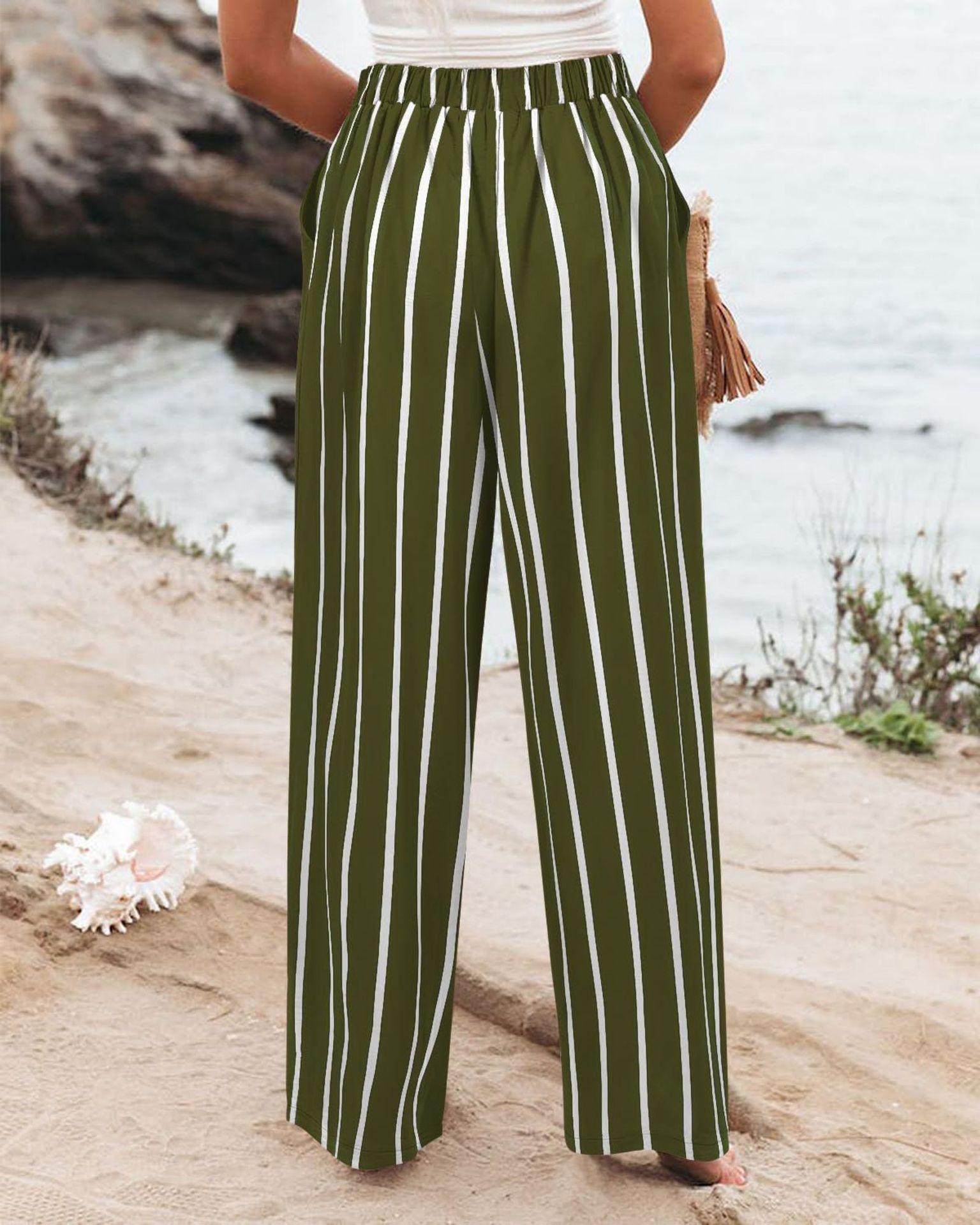 Women's Commuting and Vacation Summer Comfortable High-Waisted Long Pants with Buttons, Elastic Waist, Wide-Leg Casual Straight Pants