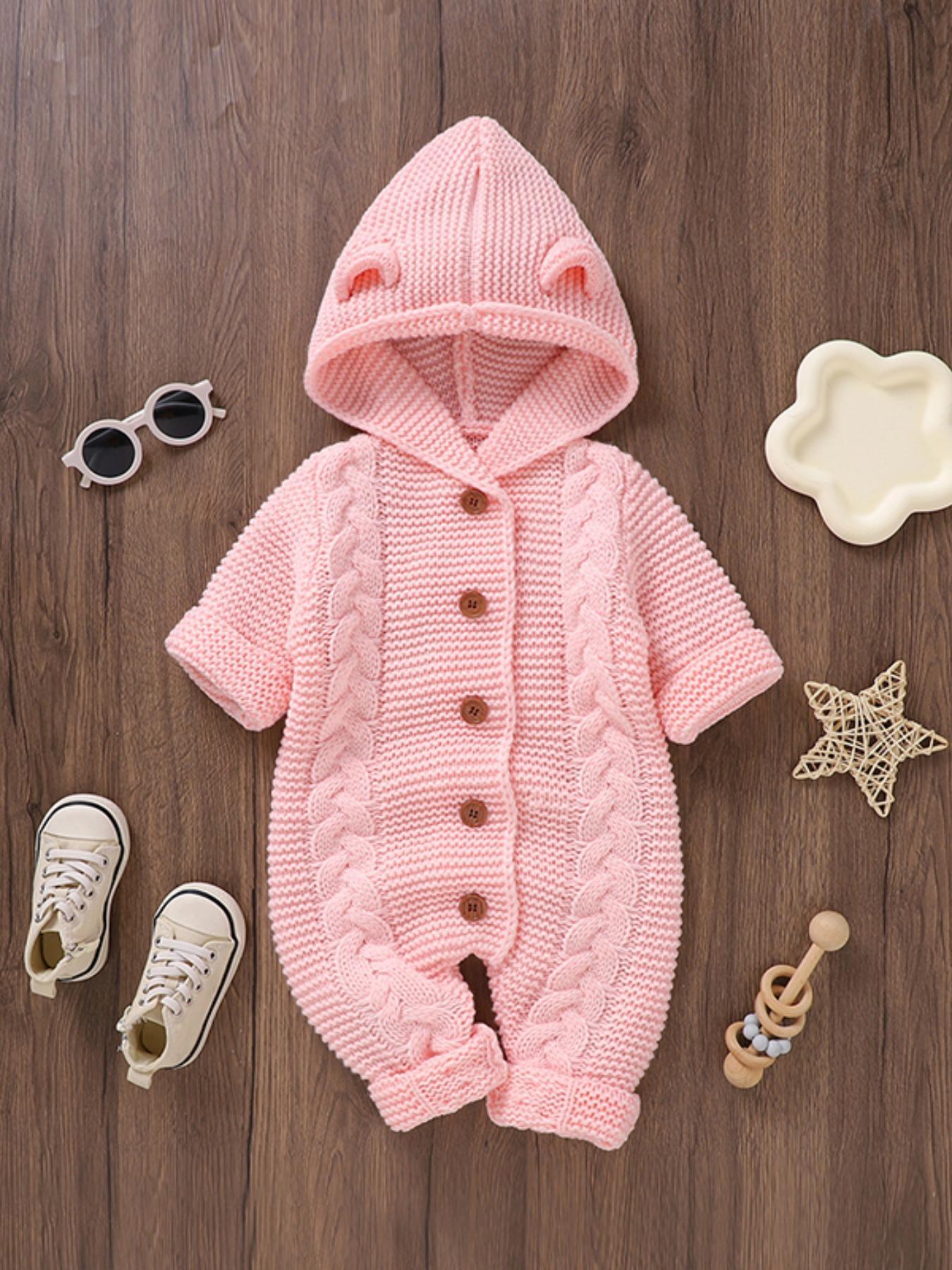 Baby's Solid Cable Knit Button-Front Hooded Sweater Jumpsuit, Cute Casual Long Sleeve Jumper Onesies for Newborn and Infant, Baby Clothing for Daily Wear