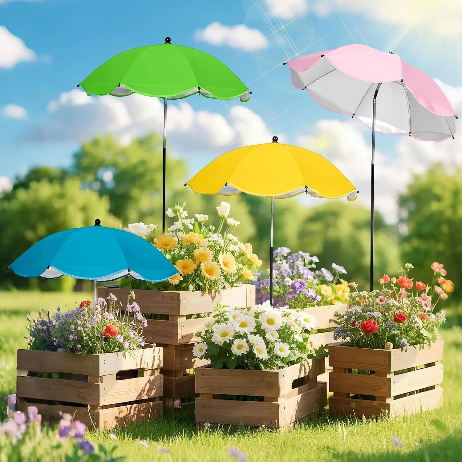 4 Pack Plant Umbrellas for Outdoor Plants, Larger Garden Umbrella Sun Shade for Garden Beds Potted Plants-Upgraded 43.3" Higher Adjustable Angle Plant Shade Cover Umbrellas for Plant Flower