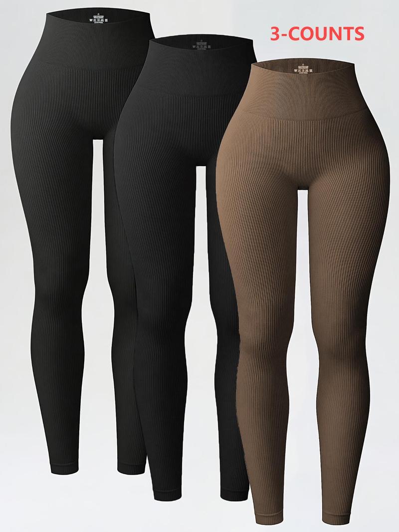 Women's Solid High Waist Leggings, Sporty Comfy Breathable Ribbed Skinny Pants for Yoga Gym Workout, Ladies Sportswear for All Seasons