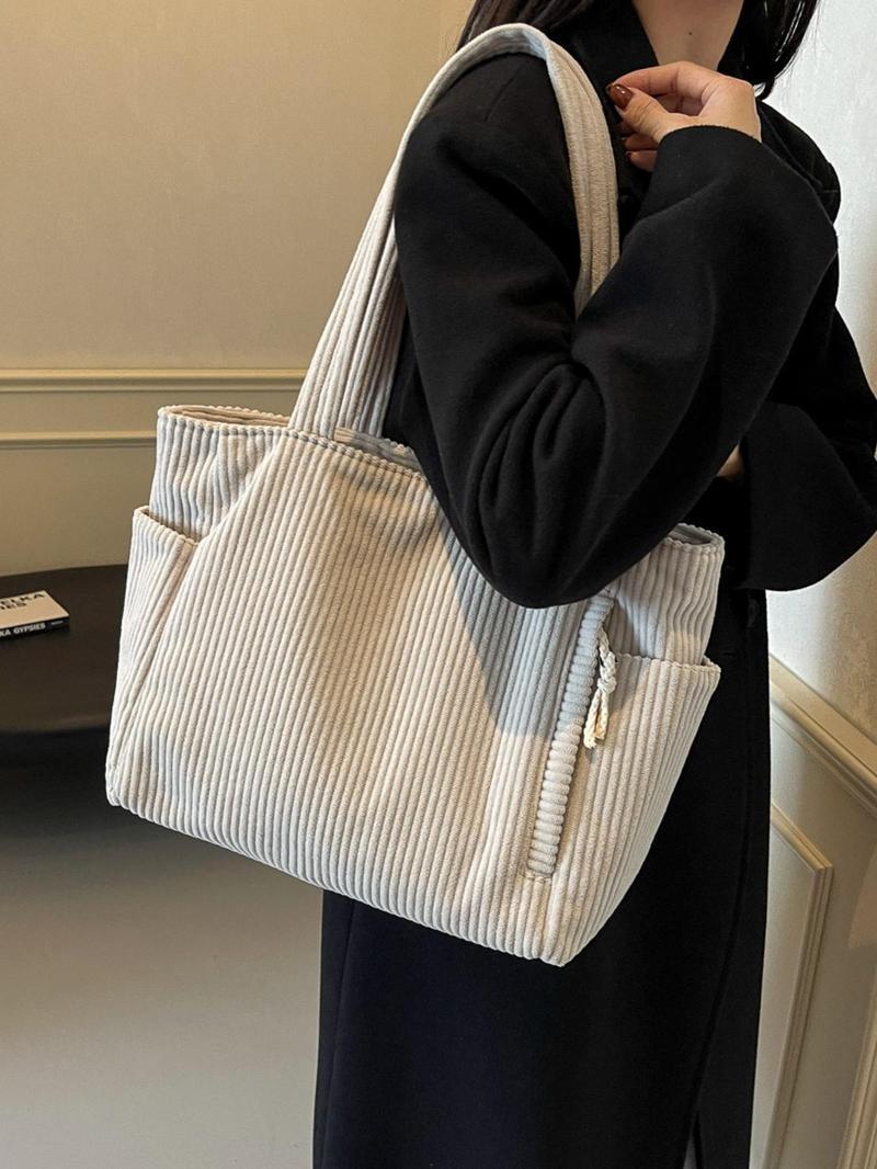 American Minimalist Corduroy Large Capacity Tote, Zipper Side Pocket, Versatile Daily Bag for Work & School
