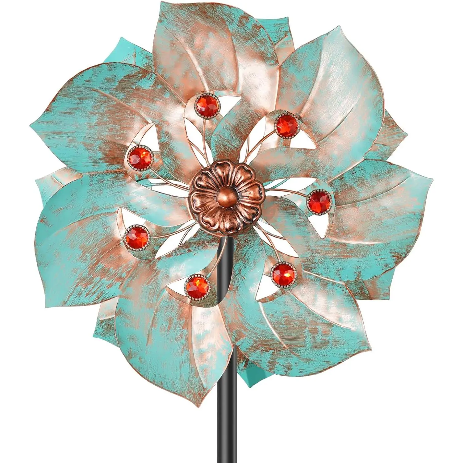 Wind Spinners Outdoor, Retro Green 2‑ Kinetic Wind Sculpture with Red , ‑Direction Windmill with 5‑Prong Base, Height Adjustable Yard Art for Lawn Patio Garden, 12.6" W x 63" H