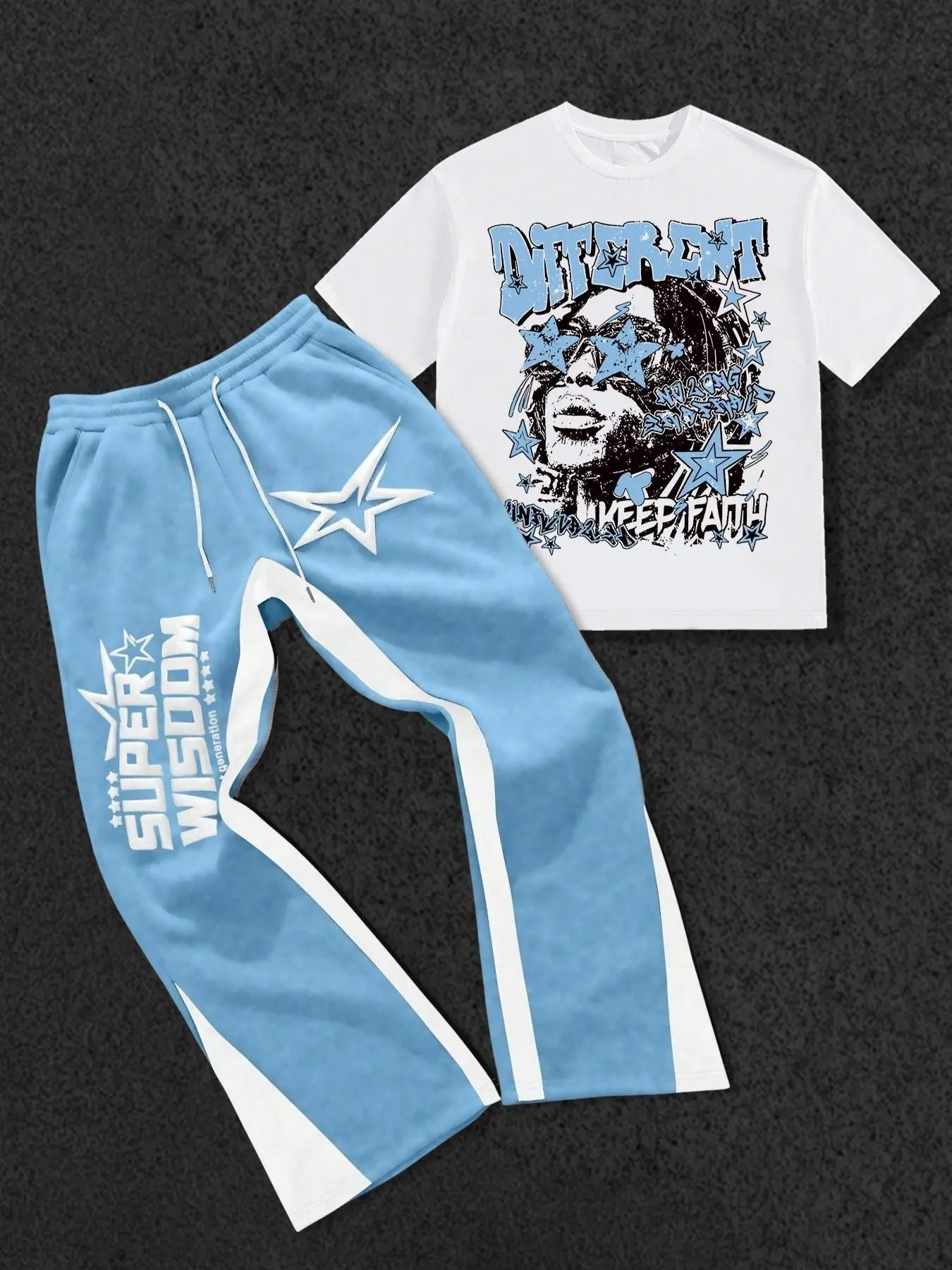 Men's Two-Piece Set with Star, Letter, and Pattern Print T-Shirt and Pants, Round Neck Short Sleeve T-Shirt and Fitted Long Pants, Knit Fabric, All Seasons, Activewear