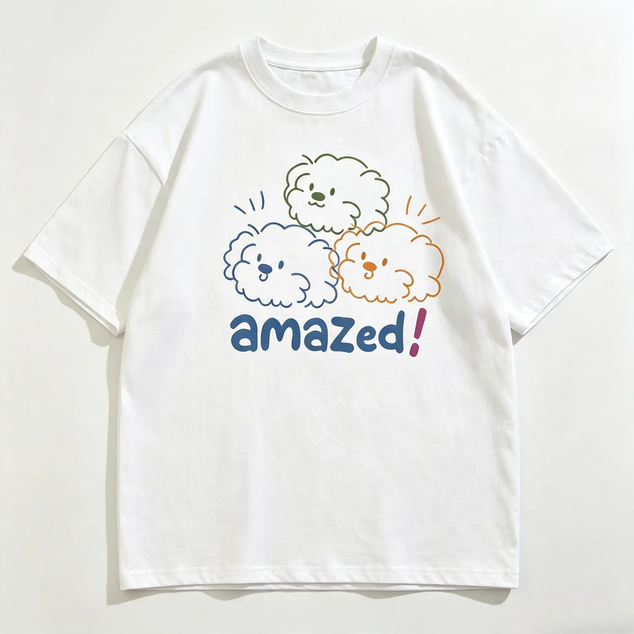 Amazed Fluffy Dog Line Art Graphic Cotton T-Shirt, Oversized Comfort Fashion Outfit, Cute Cartoon Puppy Casual Top, Ideal Holiday & Valentine’s Day Gift for Lovers, Family, Friends for Him Her