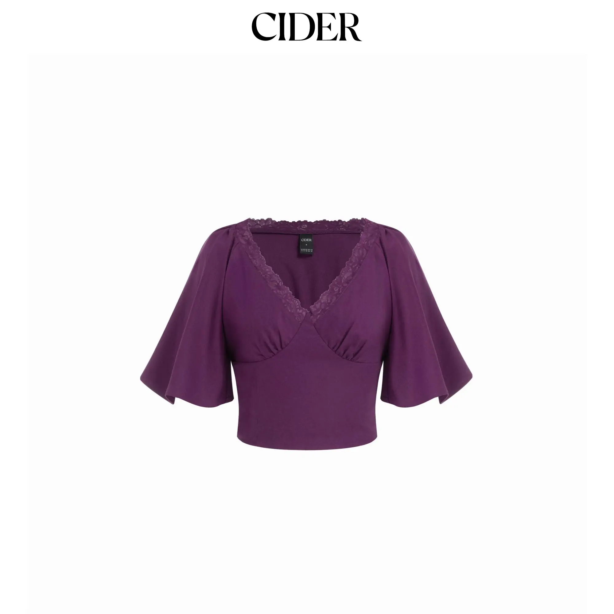 Cider Linen-blend V-neck Lace Trim Cloak Sleeve Crop Blouse