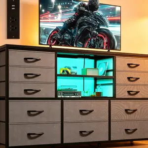 TV Stand with Power Outlet & 12 Fabric Drawers - Fits 60" TV, Multi-Functional Dresser Entertainment Center for Bedroom, Living Room