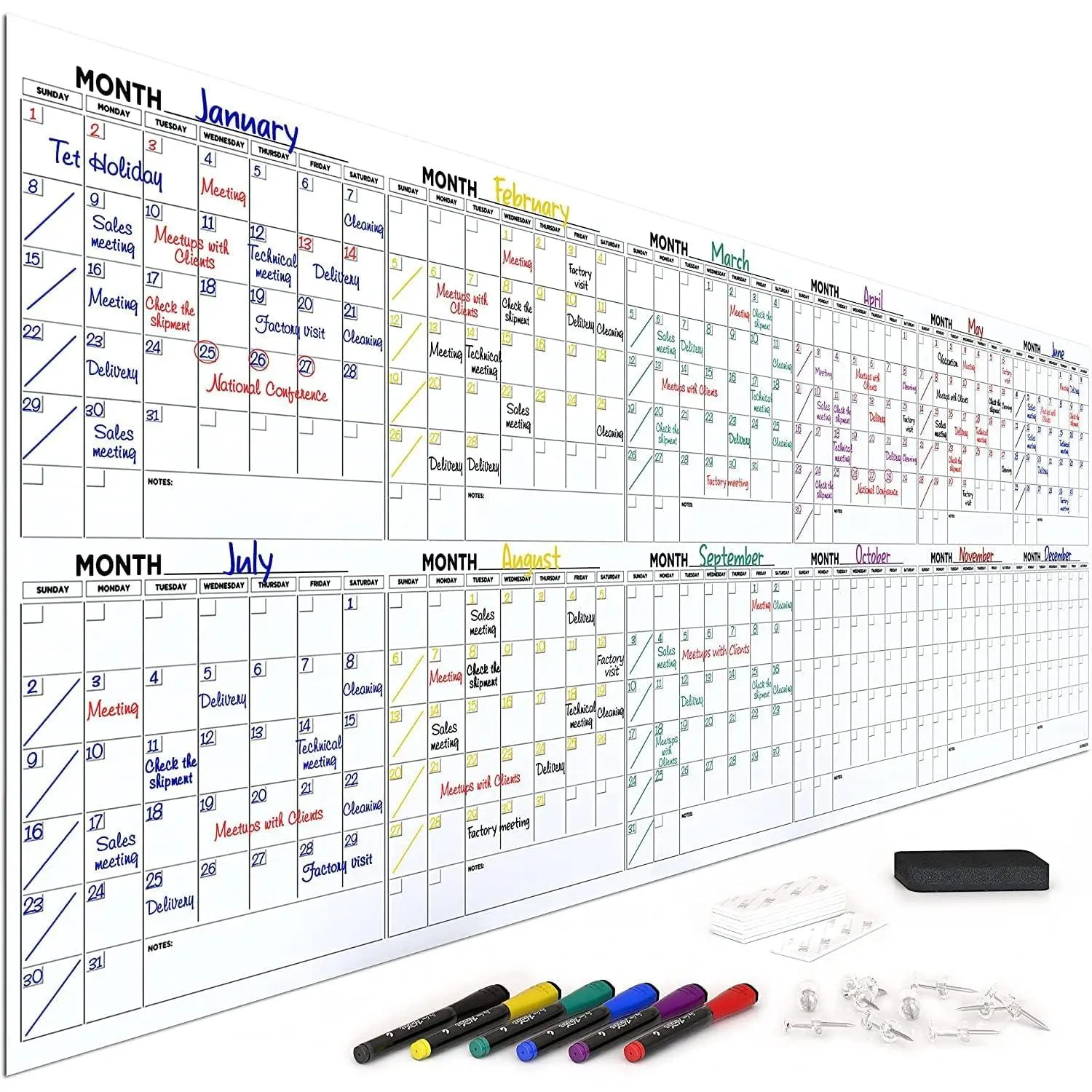 Large Size 100"x36" Easy-Erase Dry Erase Monthly Planner Whiteboard Calendar - 12-Month, Includes 6 Whiteboard Markers, Eraser, Push Pins, Mounting Tape for Family Team
