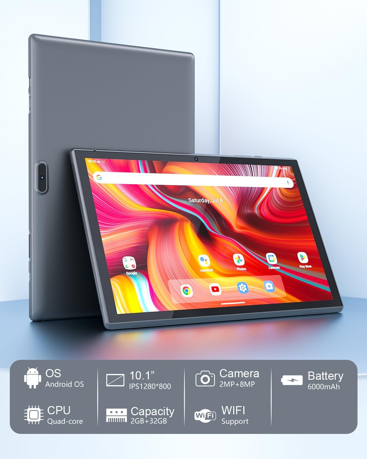 10.1 Inch Android Tablet 2GB RAM 32GB ROM 1TB Expandable Quad-Core 6000mAh Battery 8MP Camera WiFi IPS HD Touch Screen