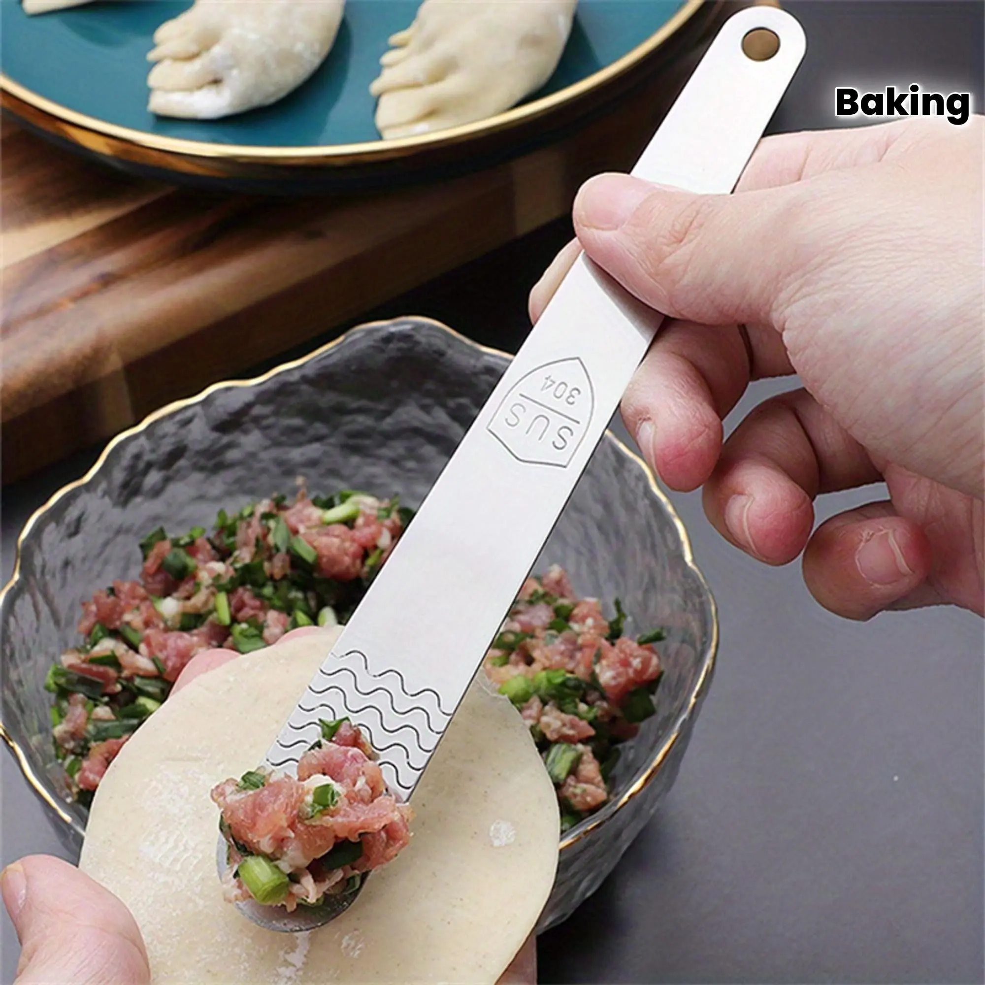 1pc 304 Stainless Steel Dumpling Stuffing Spoon - Plastic-Handled Kitchenware for Wonton Filling, Butter Cheese Spreading, Baking