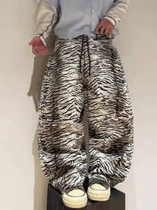 Men's Long Pants with Tiger Skin Print, Street Style, Streetwear, Outdoor, Casual, Spring & Fall, Slim-Fitting, Drawstring Waist, Ankle Length