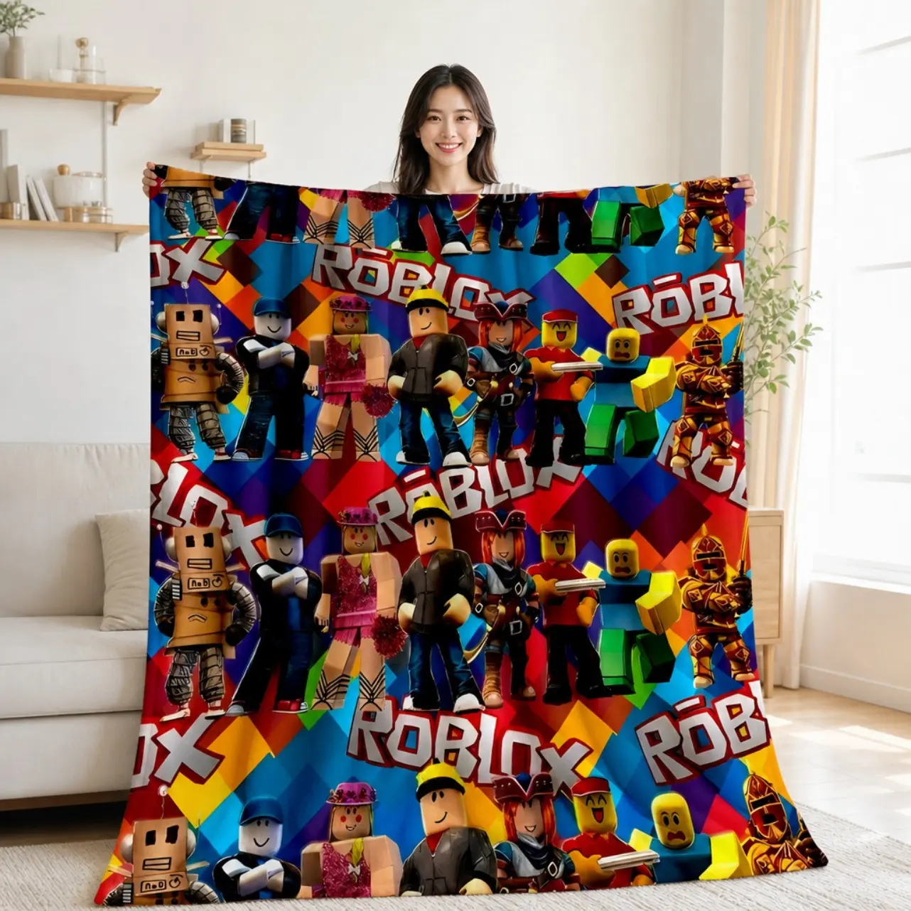 Roblox Block Player Trendy Ultra Soft Fannel Blanket Multicolor Diamond Pattern Gaming Throw Blanket For Home Decor Sofa Bed Cover Game Room Kids Room Decor Game Lovers Collection Gamer Gift Birthday Holiday Gift