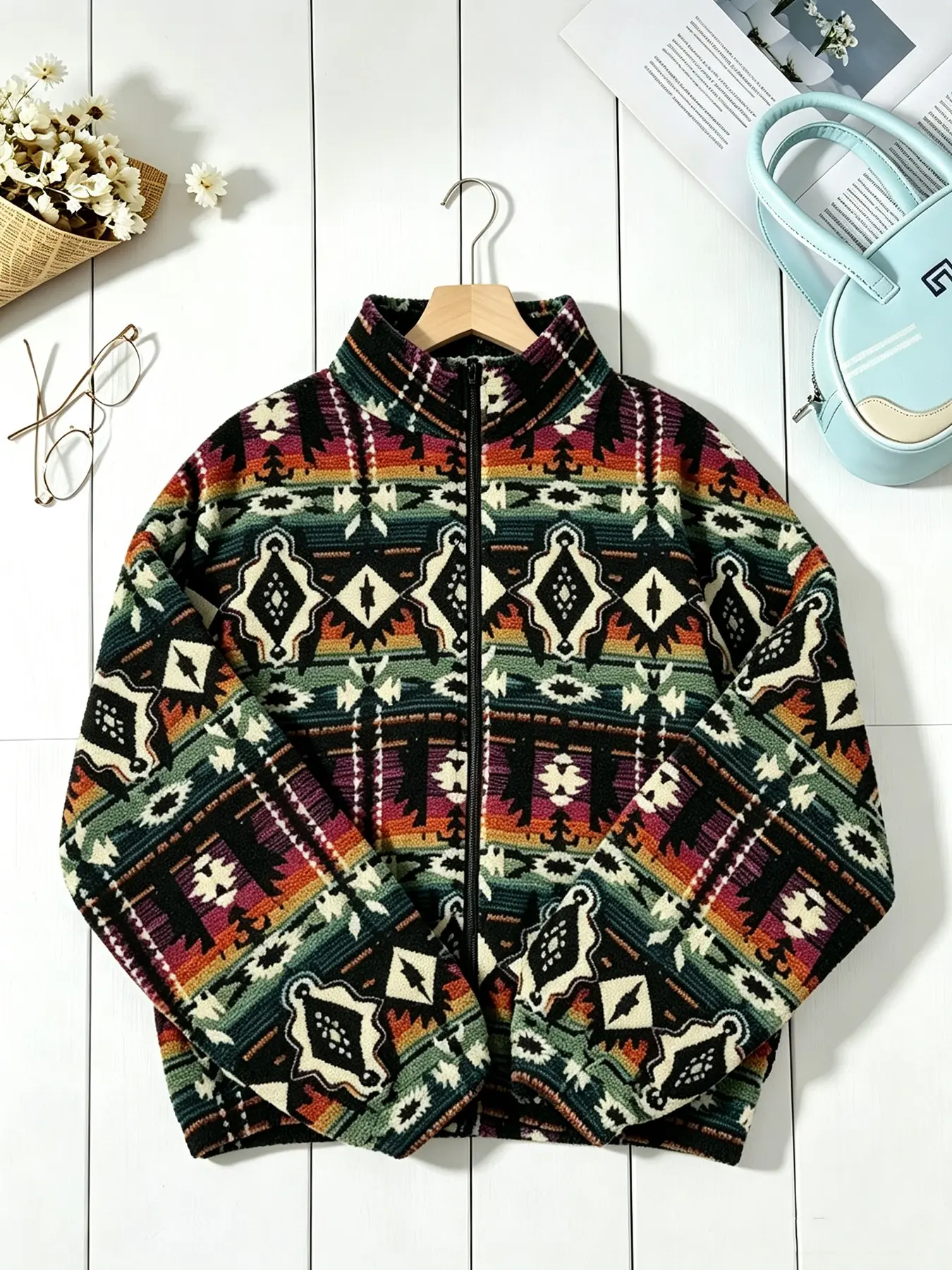 American Vintage Navajo Totem Fleece Jacket, Thick Warm, Stand Collar Zipper, Short Slim Fit, Ethnic Colorblock Print, Fall Winter Fashion