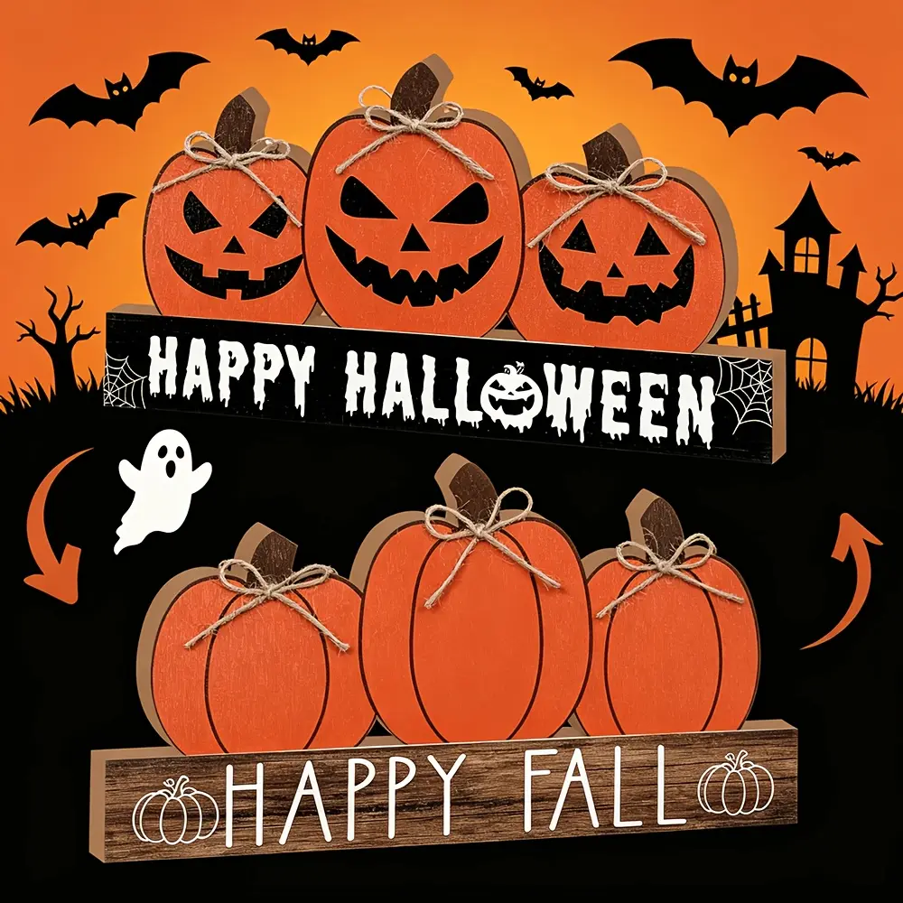 Double Sided Print Pumpkin Wood Centerpiece Halloween Fall Table Decor