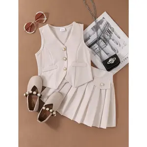 2Pcs Girls Spring Summer Outfit Set, Beige Sleeveless Jacket Vest & Pleated Skirt Kids Casual Matching Suit