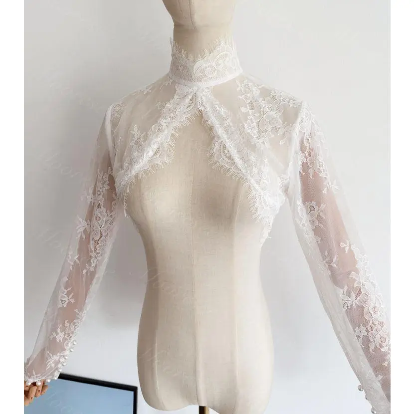 Women's Lace Fabric Long-Sleeve High-Neck Formal Bridal Bolero Jacket - Custom Sizes Bride Accessory for Wedding, Formal Wear, Unworn Returns DIY Specialty Supply
