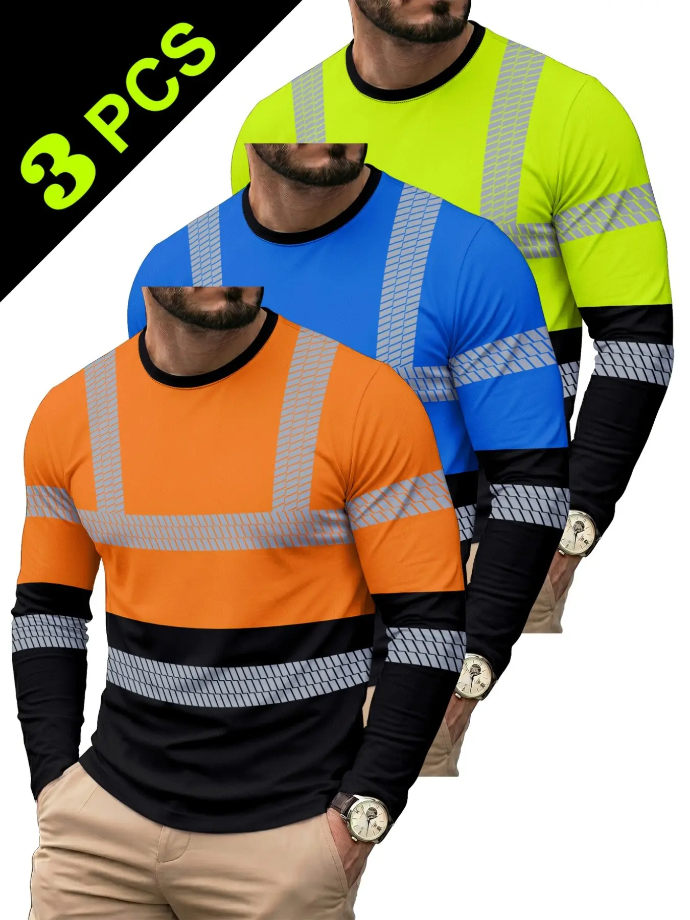 3 Pcs Men Long Sleeve Work T‑Shirts Crew Neck Striped Decor Tops, Soft Breathable Durable Loose Fit Casual Tees for Construction Site Daily Working Wear.