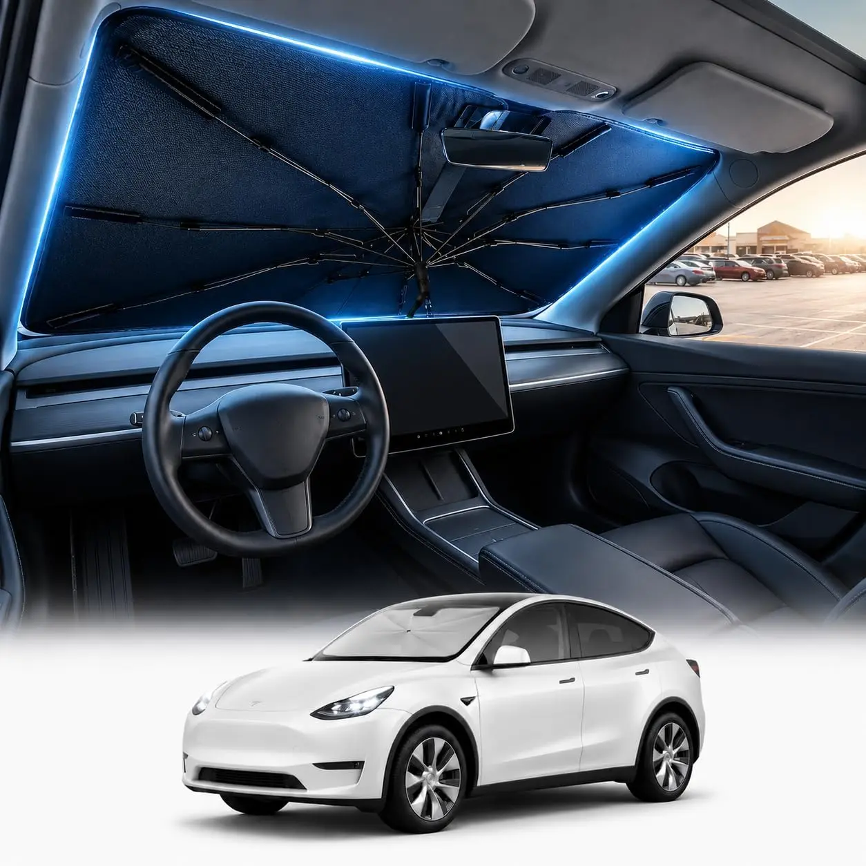 [2026 Upgraded] Tesla Model 3/Model Y (2017-2026) Windshield Umbrella Sunshade, Instant Front Window Car Cover, 100% Sun-Blocking Anti-UV Cooling Ice Crystal Foldable Accessory, Windshield Sunshade