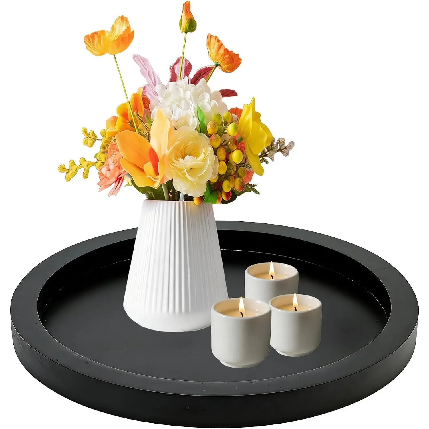 11 inch Round Decorative Tray,Black Wooden Rustic  Serving Trays |  Candle Centerpiece Trays for Coffee Dining Table,Coffee Table Decor Tray for Counter,Living Room, Decor