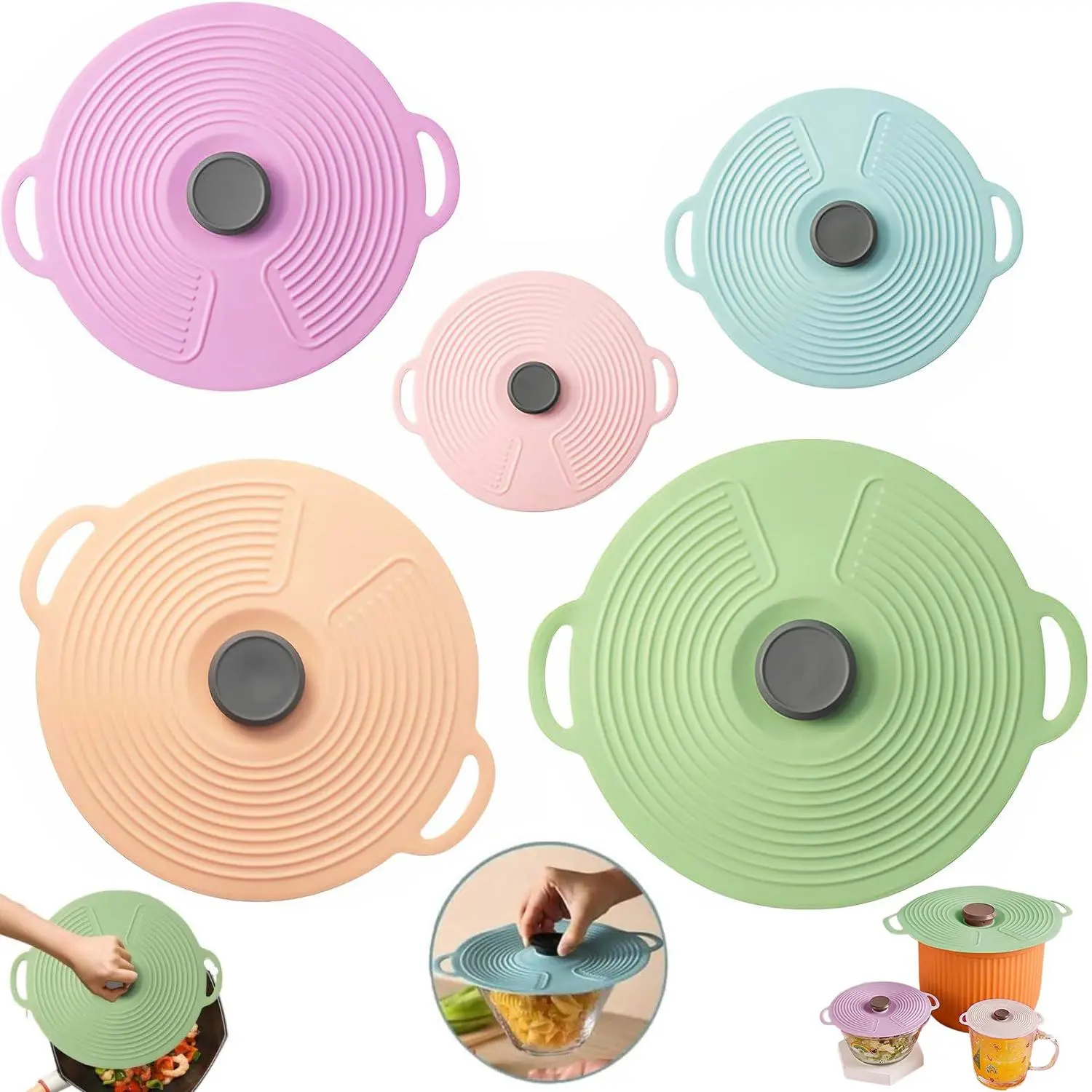 5PCS Silicone Lids for Bowl, Food Lid Microwave Splatter Cover with 5 Sizes Reusable Heat Resistant Lids Fits Cups, Bowls, Plates, Pots, Pans, Skillets, Stove Top, Oven, Fridge Dishwasher Safe, Spill-Proof