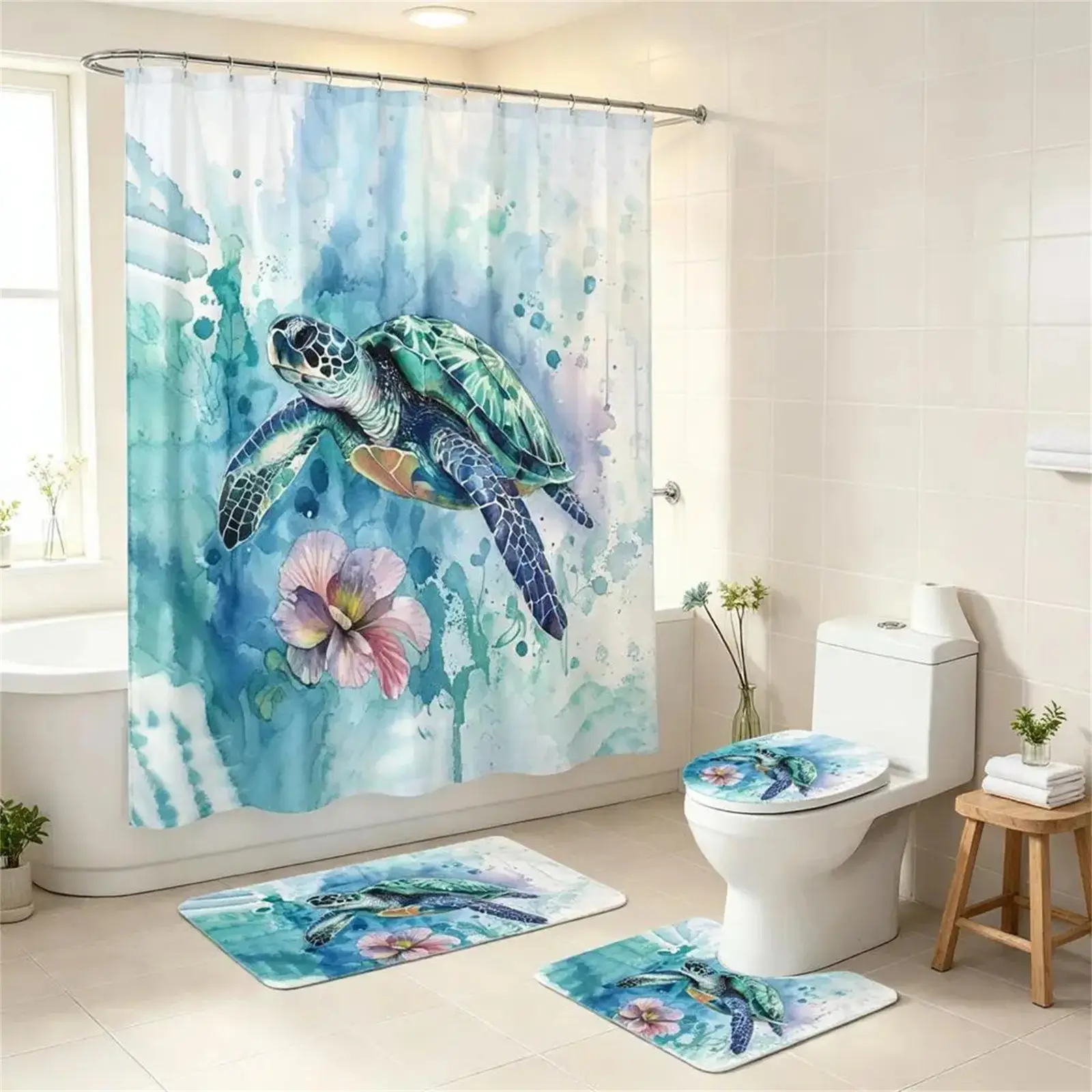 Hawaiian Sea Turtle Shower Curtain 4 Piece Set, Watercolor Blue Ocean Splash Tortoise Hibiscus Floral Pattern Bathroom Decor, Waterproof Shower Curtain, Non-Slip Bath Rug, U Contour Mat & Toilet Lid Cover Tropical Ocean Themed Bathroom Home Decoration
