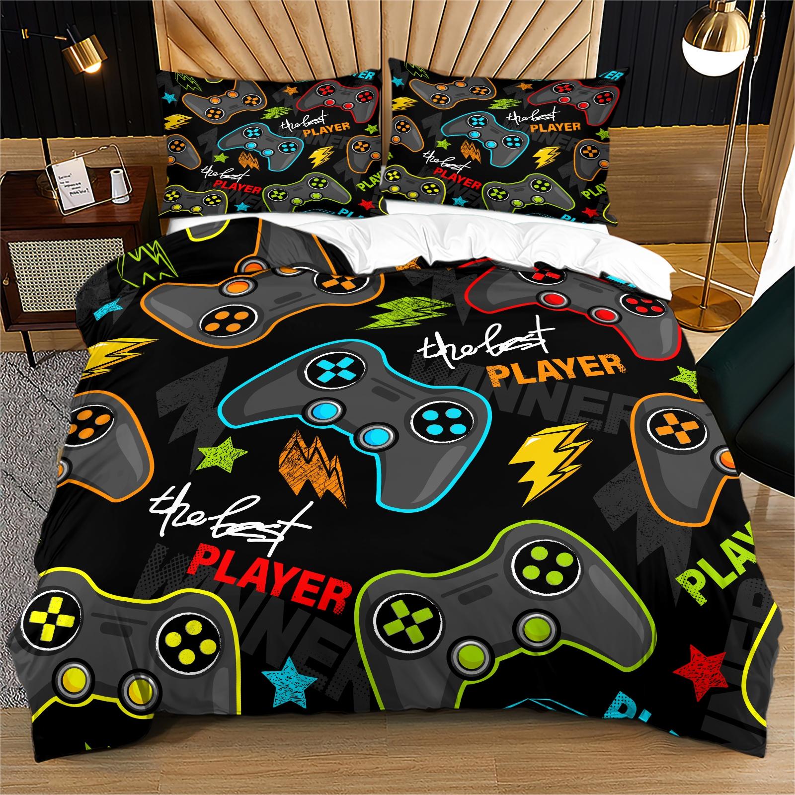Cool Gaming Controller Pattern Sheet Set with Pillowcase, Soft Polyester Fiber Bedding, Zipper Closure, Breathable, All Seasons Use