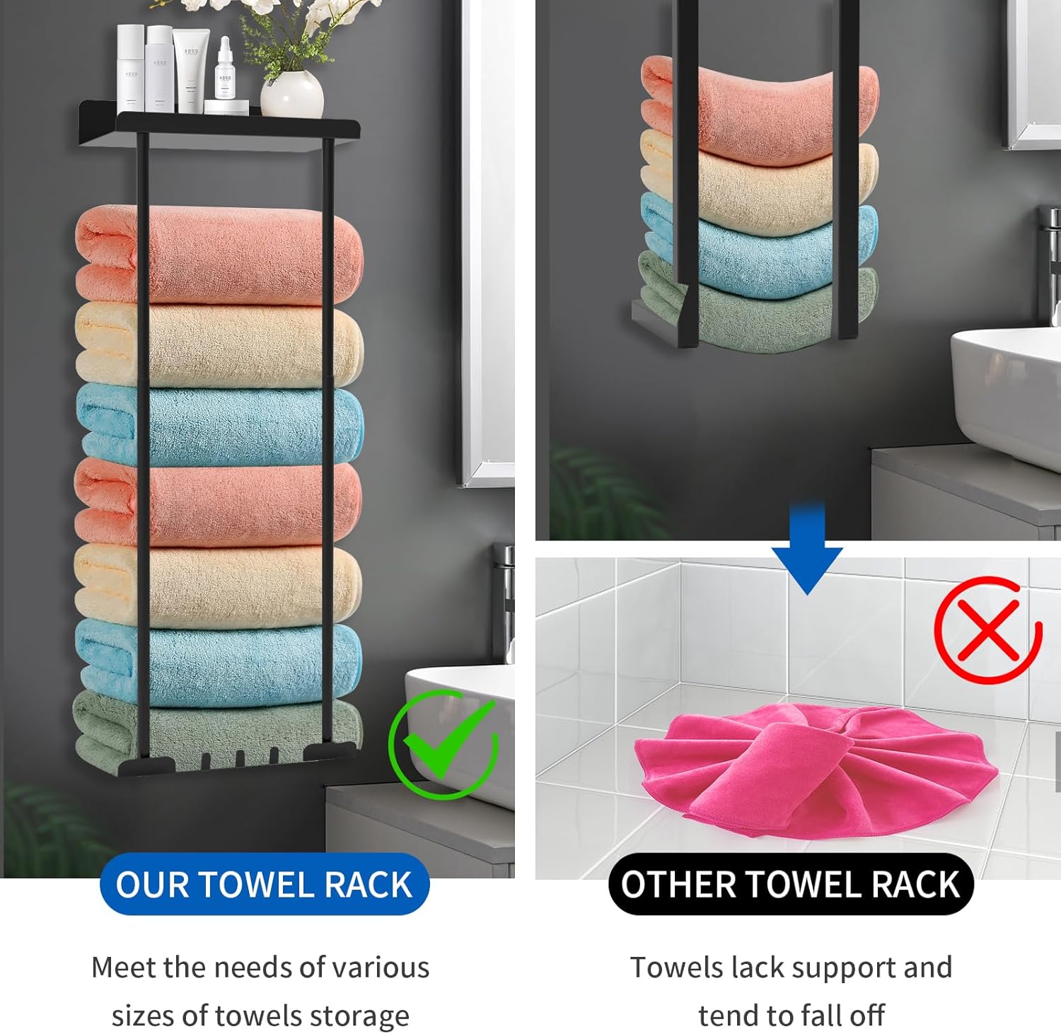 Hommtina Black Retractable Height Metal Towel Rack with Reliable Hooks for Rolled Towel Storage and Bathroom Wall Mounting - Large-Capacity, Rust-Proof, Durable Shower Organizer Hommtina Black Retractable Height Metal Towel Rack with Reliable Hooks for Rolled Towel Storage and Bathroom Wall Mounting - Large-Capacity, Rust-Proof, Durable Shower Organizer