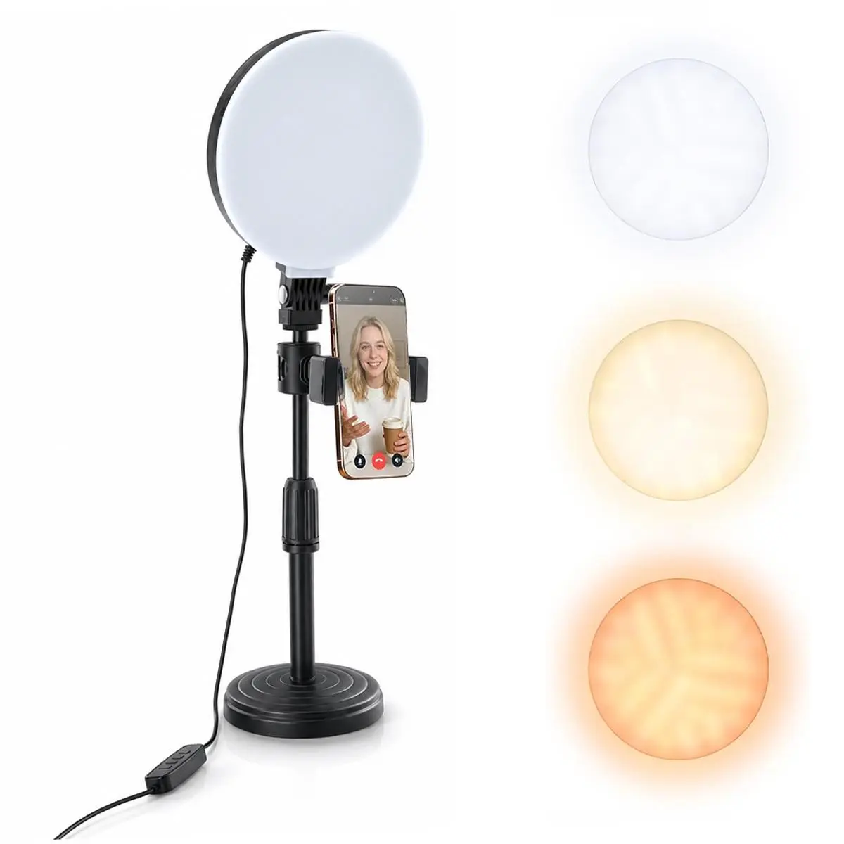 Dimmable Full-Screen LED Selfie Ring Light with Height-Adjustable Stand, Phone Holder, 3 Color Modes (3000K-6500K), 10 Brightness Levels, USB-Plug Power, Plastic Build for Makeup, Recording, Home Office Smartphones