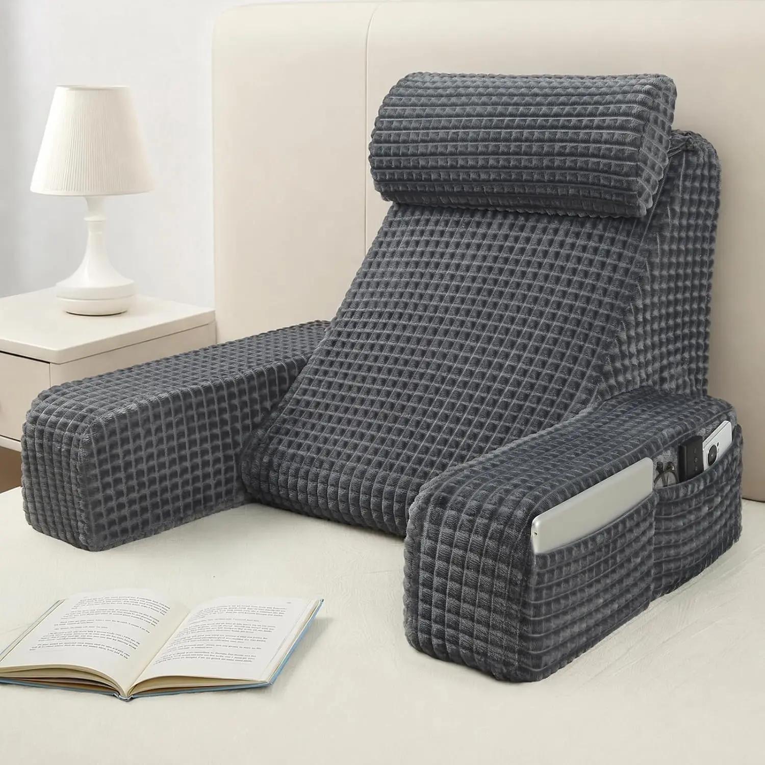 Reading Pillow,Back Pillow for Bed Sitting Up Adult,Backrest Support Pillow with Build-in Arms & XL Pockets,Rest Chair for Reading,Gaming,Relaxing,Working or Watching TV in Bed/Floor-19'' Grey