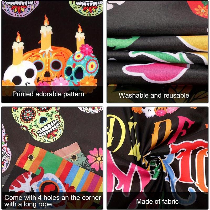 1pc 2D Flat Day of the Dead Banner, Dia de los Muertos Party Backdrop, Polyester Skull & Marigold Floral Decoration for Halloween Mexican Festival, No - Electricity Multipurpose Festive Supply