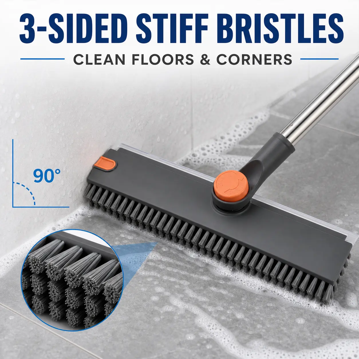 3-in-1 Floor Scrub Brush with Squeegee, 360 °   Rotating Stiff Bristle Scrubber & 28–52 in Adjustable Stainless Steel Handle for Bathroom, Shower, Tile, Grout, Patio & Garage set broom dustpan combo pet hair removal broom