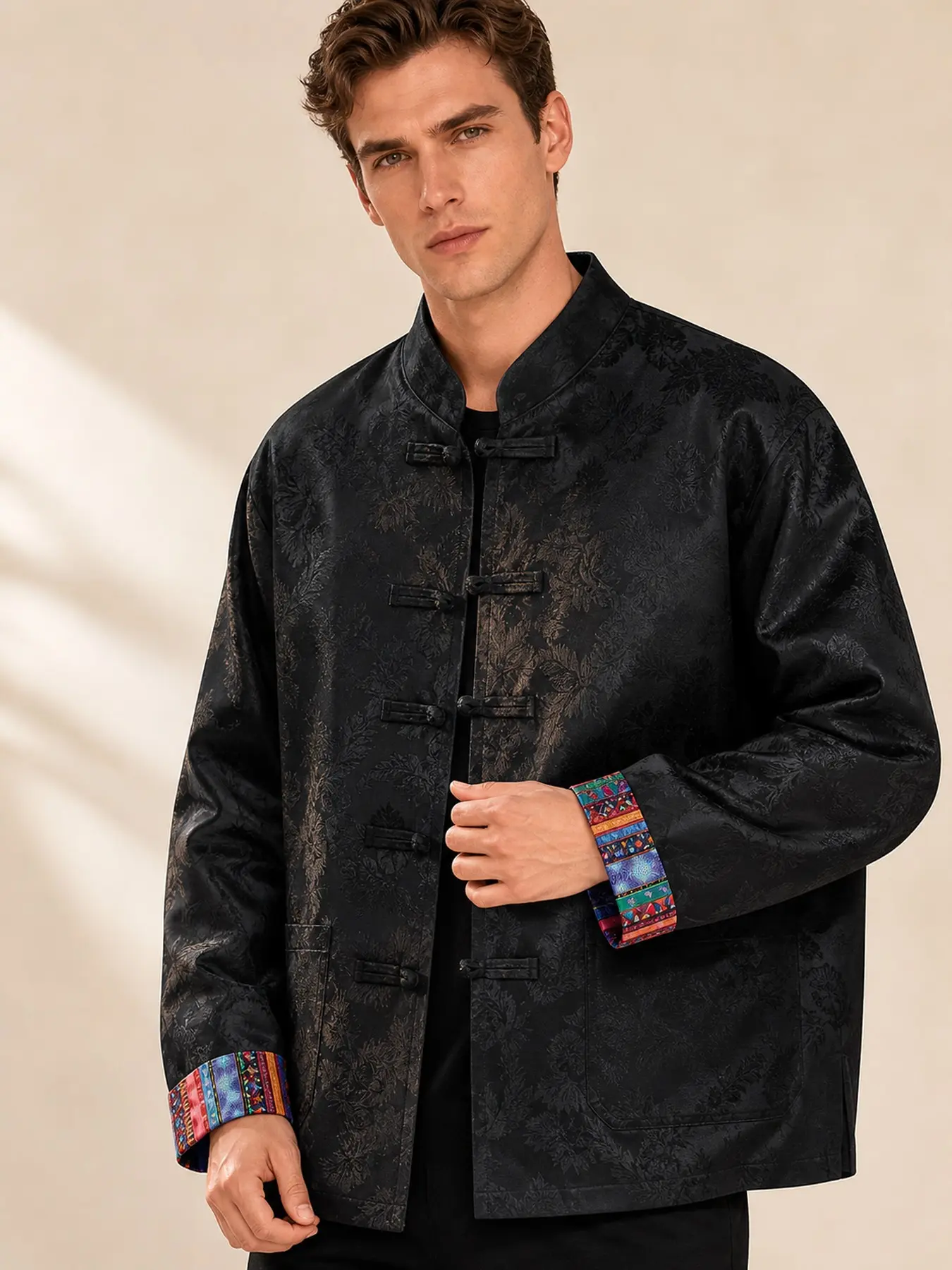 1 PC Men's Shirt Jacket Coat. Traditional Chinese-style button collar. Spring and autumn front placket. High-end men's Chinese-style jacquard costume. Suitable for large-sized traditional Chinese attire for daily commuting.