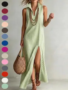 2026 Women's Striped Stand Collar Sleeveless Split Long Dress, Elegant Fashionable Design, Perfect for Special Occasions