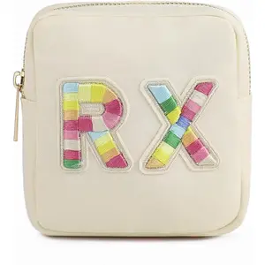 Personalized Small Nylon Rx Cosmetic Bag, Cute Chenille Letter Patch Medicine Drug Pouch with Zipper,Preppy Makeup Travel Vitamin Bag for Women and Girls（01Sand）.