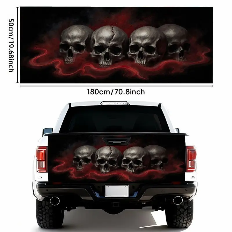 1pc 50*180cm1pcs Metallic-gray Four Skulls with Vertical Crack Car Sticker - Swirling Red Smoke Gothic Dark Atmosphere, Waterproof Self-Adhesive Car Decal Sticker for Tailgate Bumper - Weather Resistant for Most Car Models