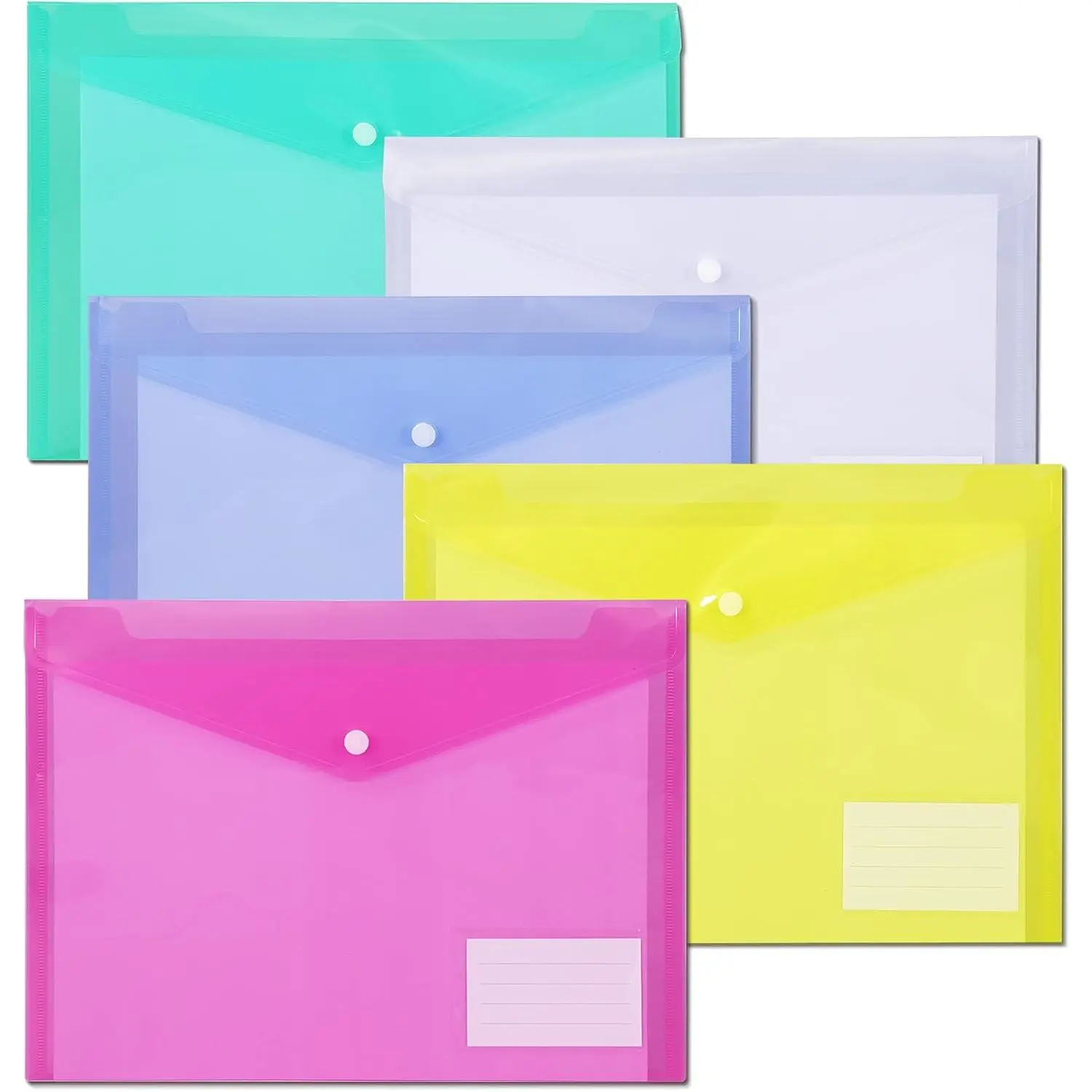 10 Pack Plastic Envelopes for Documents, Clear Folders with Label Pockets, 5 Colors 2 Each, Clear Poly File Folders Letter Size/A4, Hook and Loop Closure,Document Envelopes for School Office