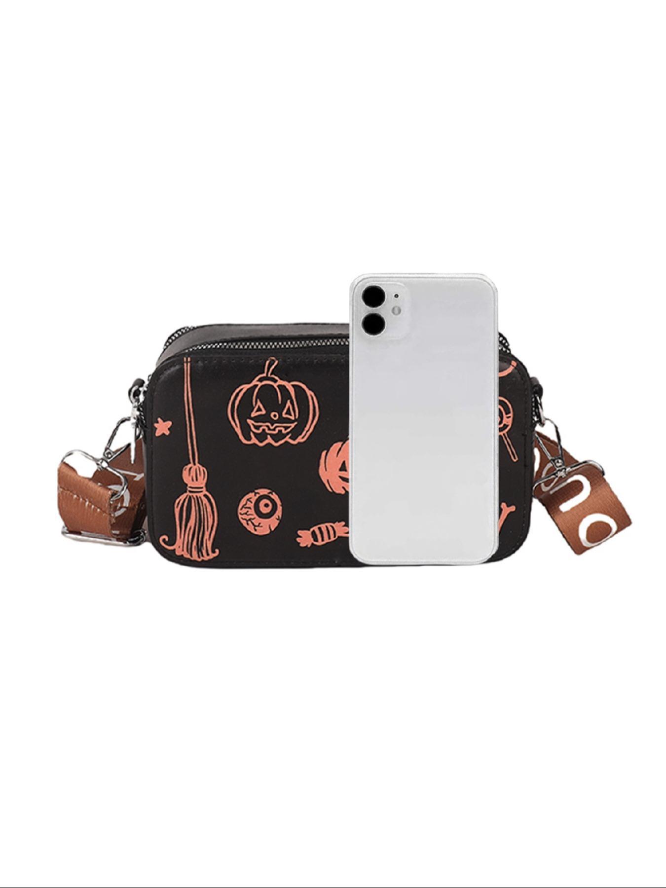 Skeleton & Pumpkin Pattern Crossbody Bag, Fashionable PU Leather Zipper Shoulder Bag for Women, Casual Trendy Versatile High-quality Daily Commuting Bag As Halloween Gift
