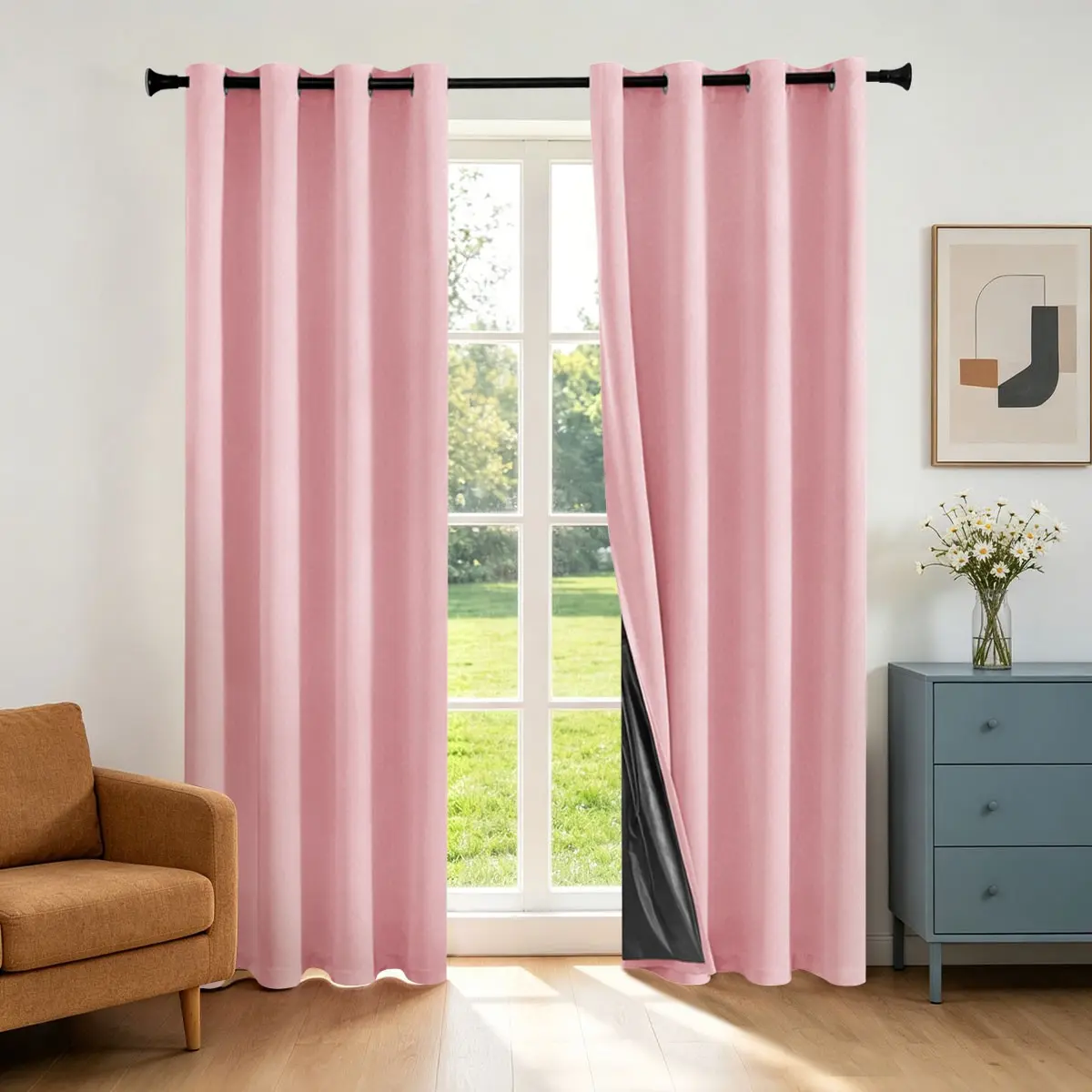 2pcs Full Blockout Curtains, Korean Style Creamy Girl Design, Thick Film Lining, Noise Reduction, Bedroom & Kids Room, Blackout Curtains